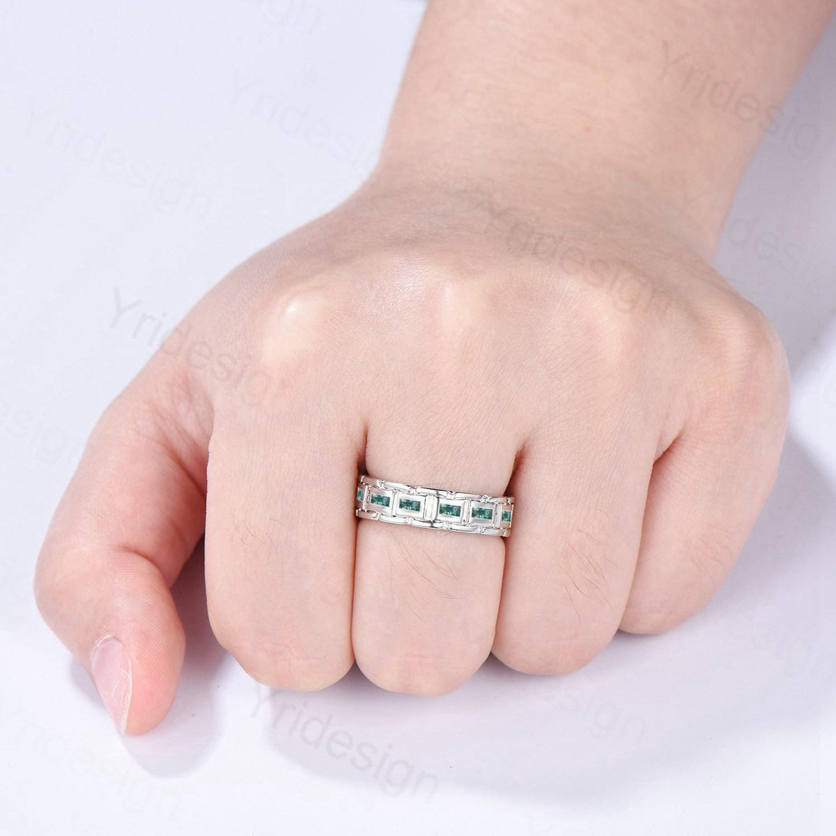 Mens Baguette Moss agate Wedding Band Unique Seven Stone Green Agate Stacking Band 4mm Mens Stacking Matching Band Retro Vintage Ring Gift