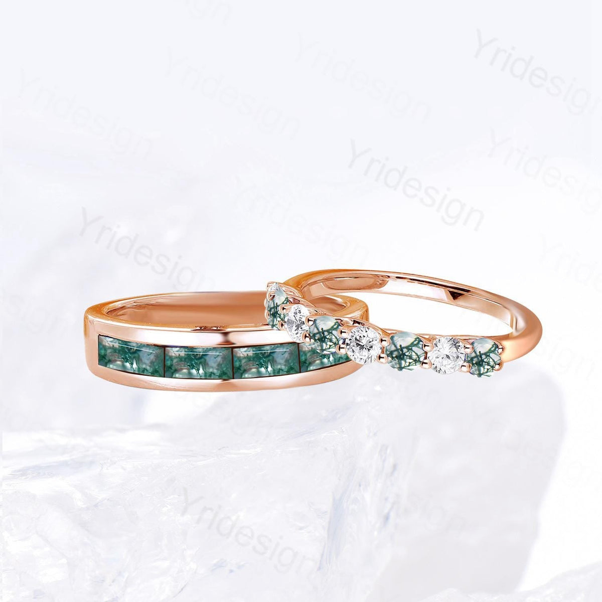 Couples moss agate ring set rose gold baguette moss agate wedding ring, men and women His Hers engagement ring unique anniversary gift