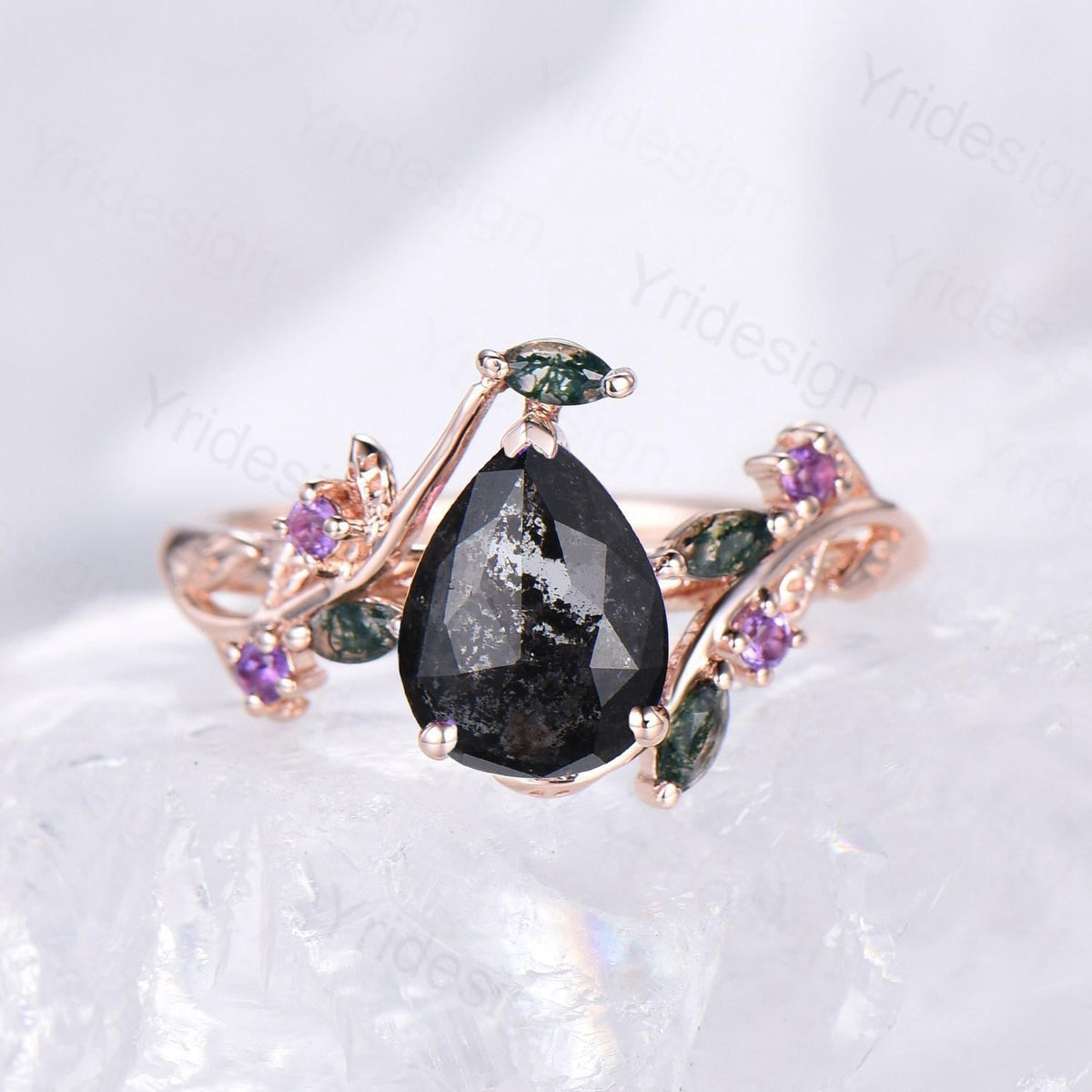 Natural inspired  Flower Salt And Pepper Diamond Ring Twig Vine Pear Shaped Engagement Ring Leaf Amethyst marquise moss agate Wedding Ring