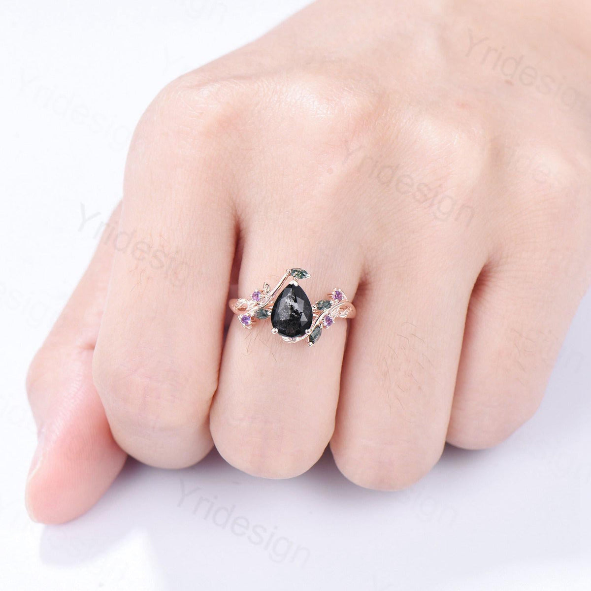 Natural inspired  Flower Salt And Pepper Diamond Ring Twig Vine Pear Shaped Engagement Ring Leaf Amethyst marquise moss agate Wedding Ring