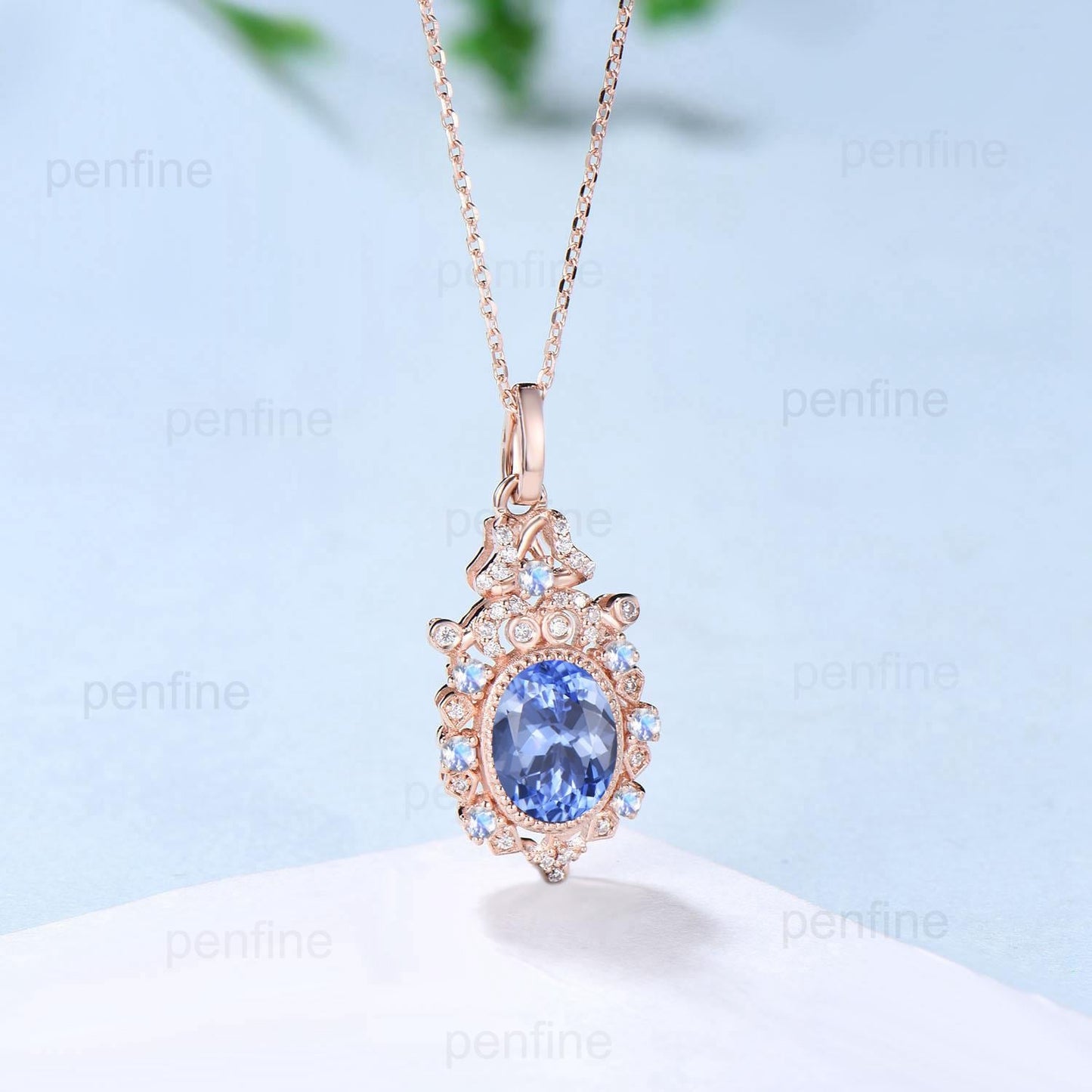 Vintage Natural Oval Tanzanite Pendant Necklace Retro Halo Moonstone Necklace Floral Flower Pendant Unique Birthstone Anniversary gift Women