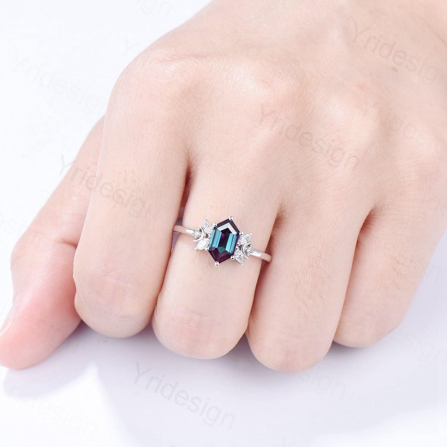 Dainty long hexagon alexandrite engagement ring crescent moon color change alexandrite diamond wedding ring June birthstone anniversary gift