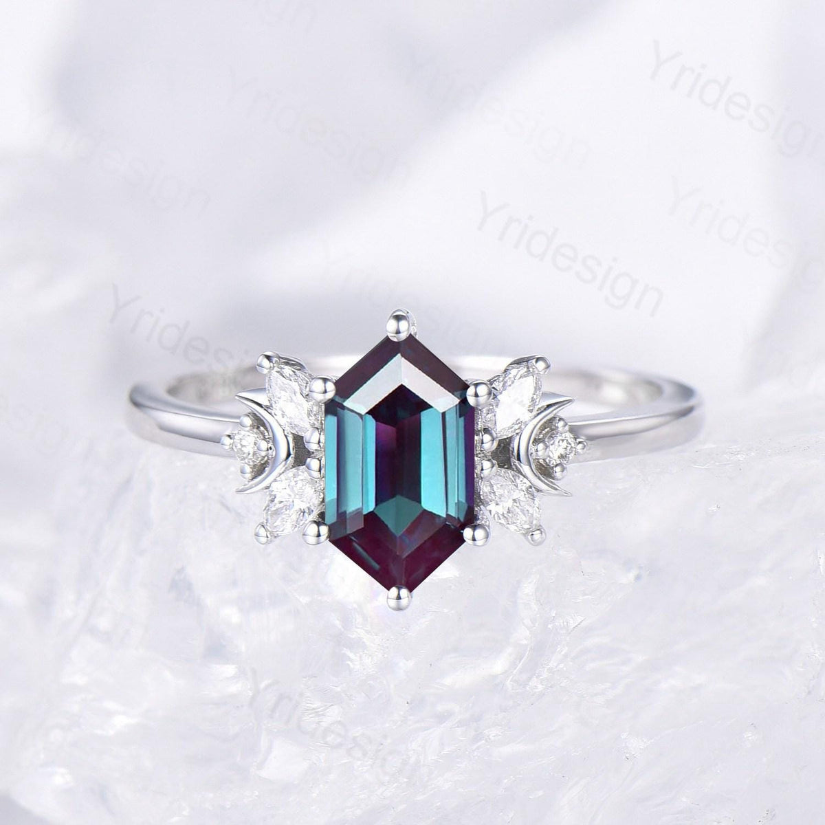 Dainty long hexagon alexandrite engagement ring crescent moon color change alexandrite diamond wedding ring June birthstone anniversary gift