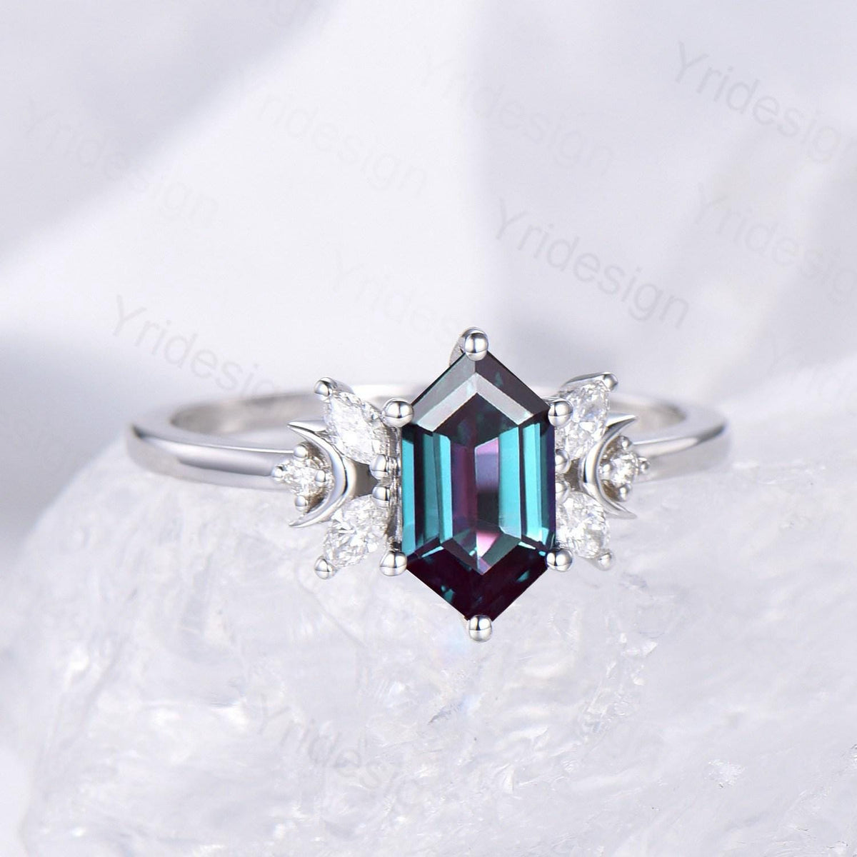 Dainty long hexagon alexandrite engagement ring crescent moon color change alexandrite diamond wedding ring June birthstone anniversary gift