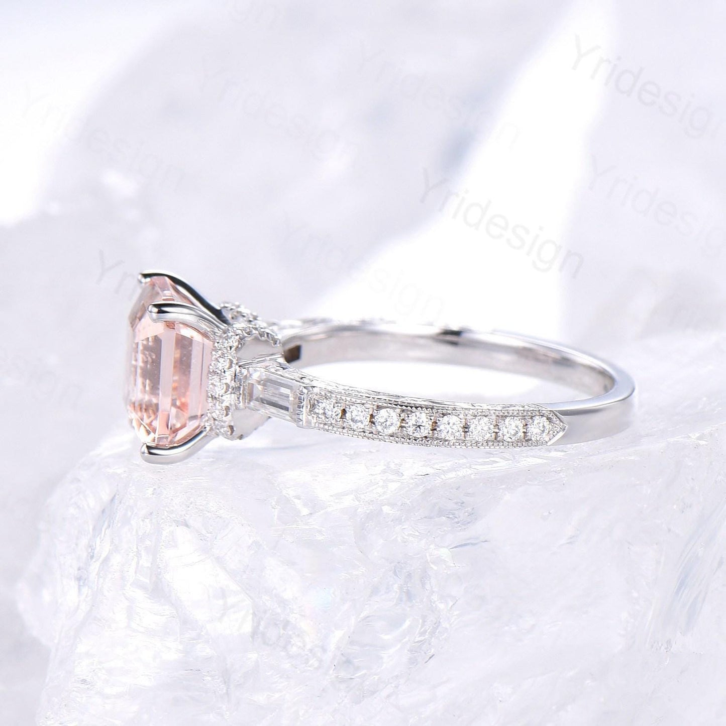Unique asscher cut morganite engagement ring art deco hidden halo baguette diamond wedding band 14k white gold milgrain anniversary ring her