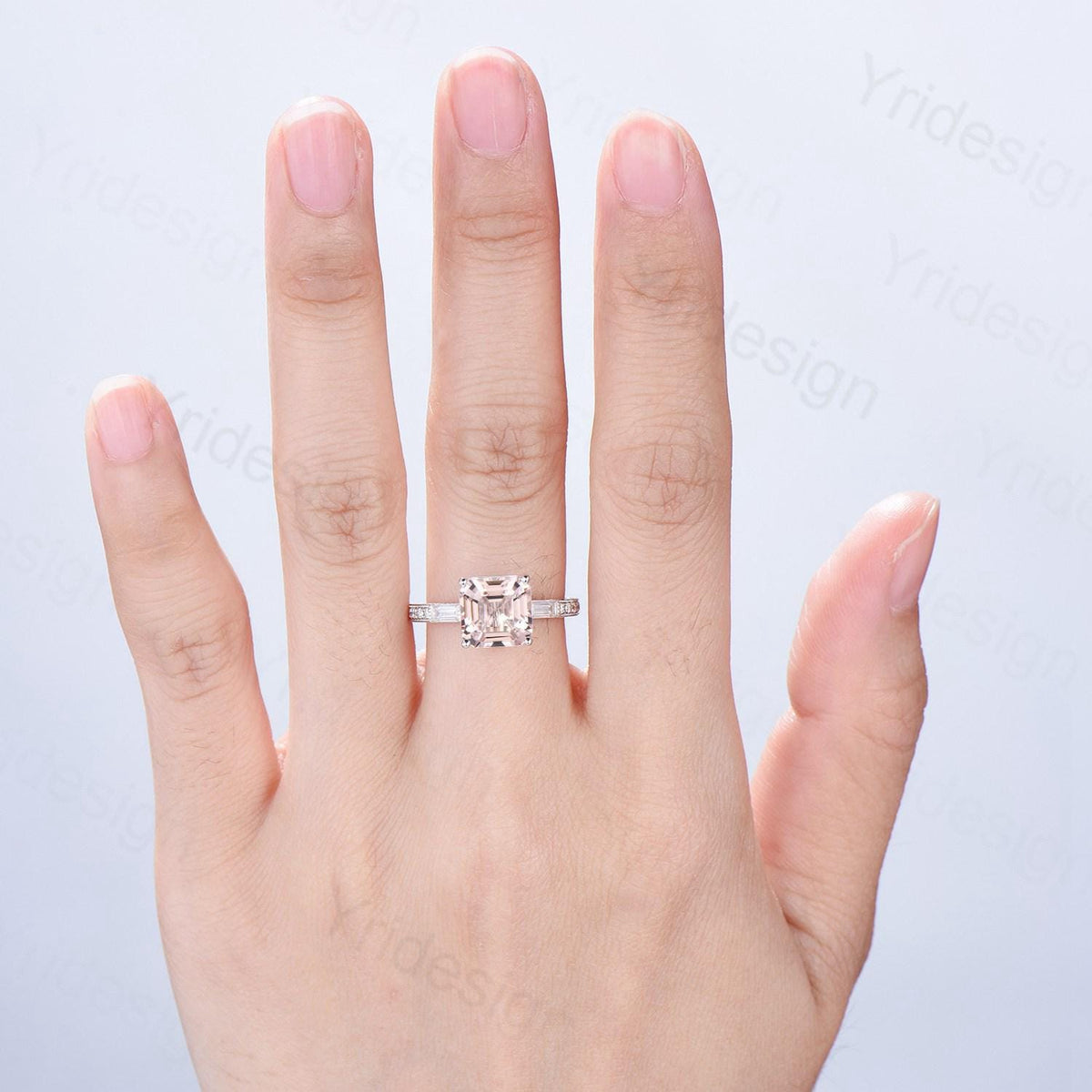 Unique asscher cut morganite engagement ring art deco hidden halo baguette diamond wedding band 14k white gold milgrain anniversary ring her