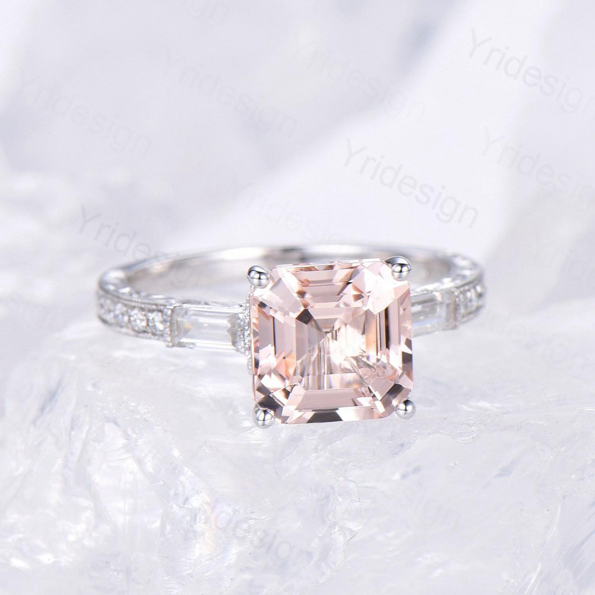 Unique asscher cut morganite engagement ring art deco hidden halo baguette diamond wedding band 14k white gold milgrain anniversary ring her