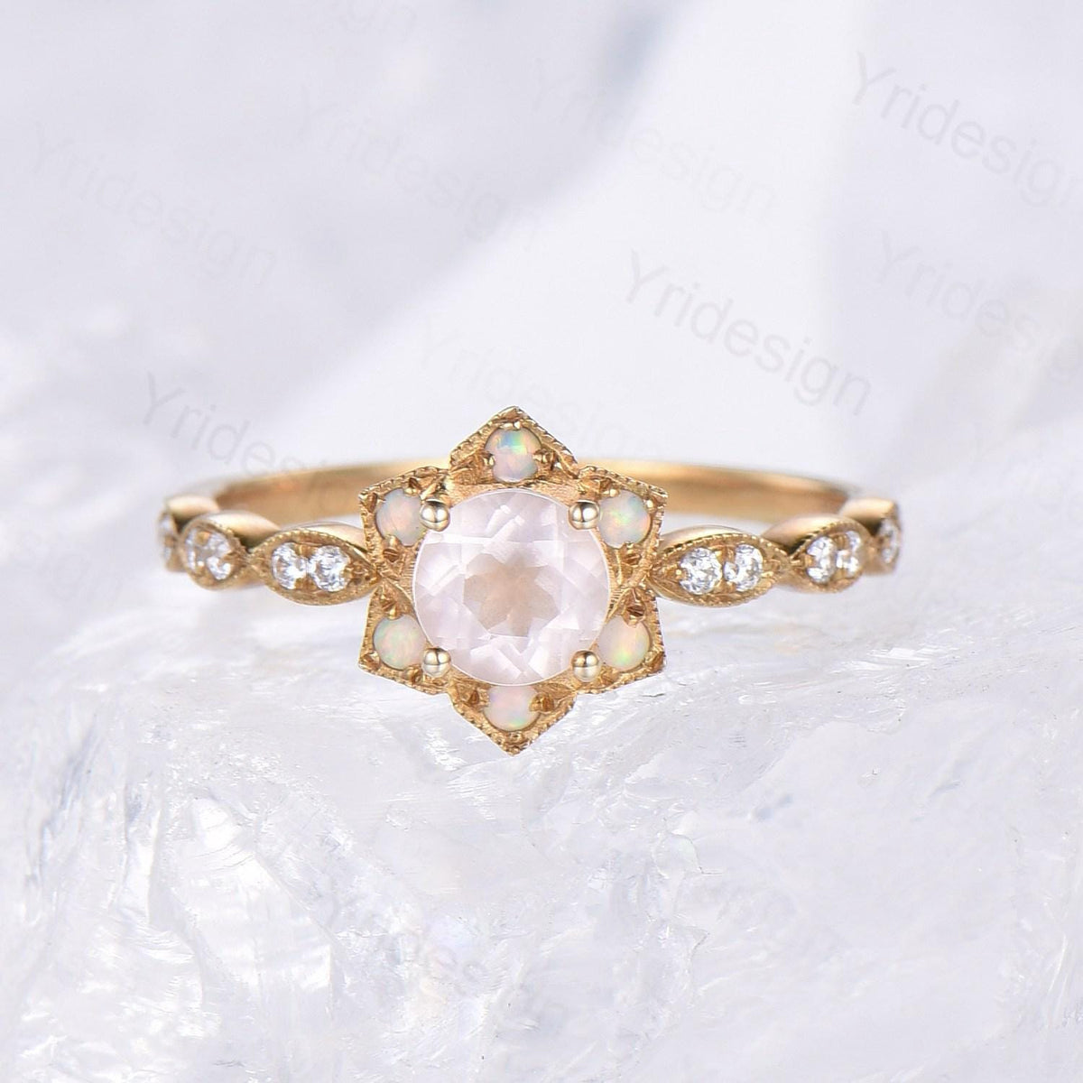 Floral Natural Rose Quartz Ring Vintage Sunflower Halo Opal Pink Crystal Engagement Ring Art Deco MIlgrain Wedding Band Anniversary Gift