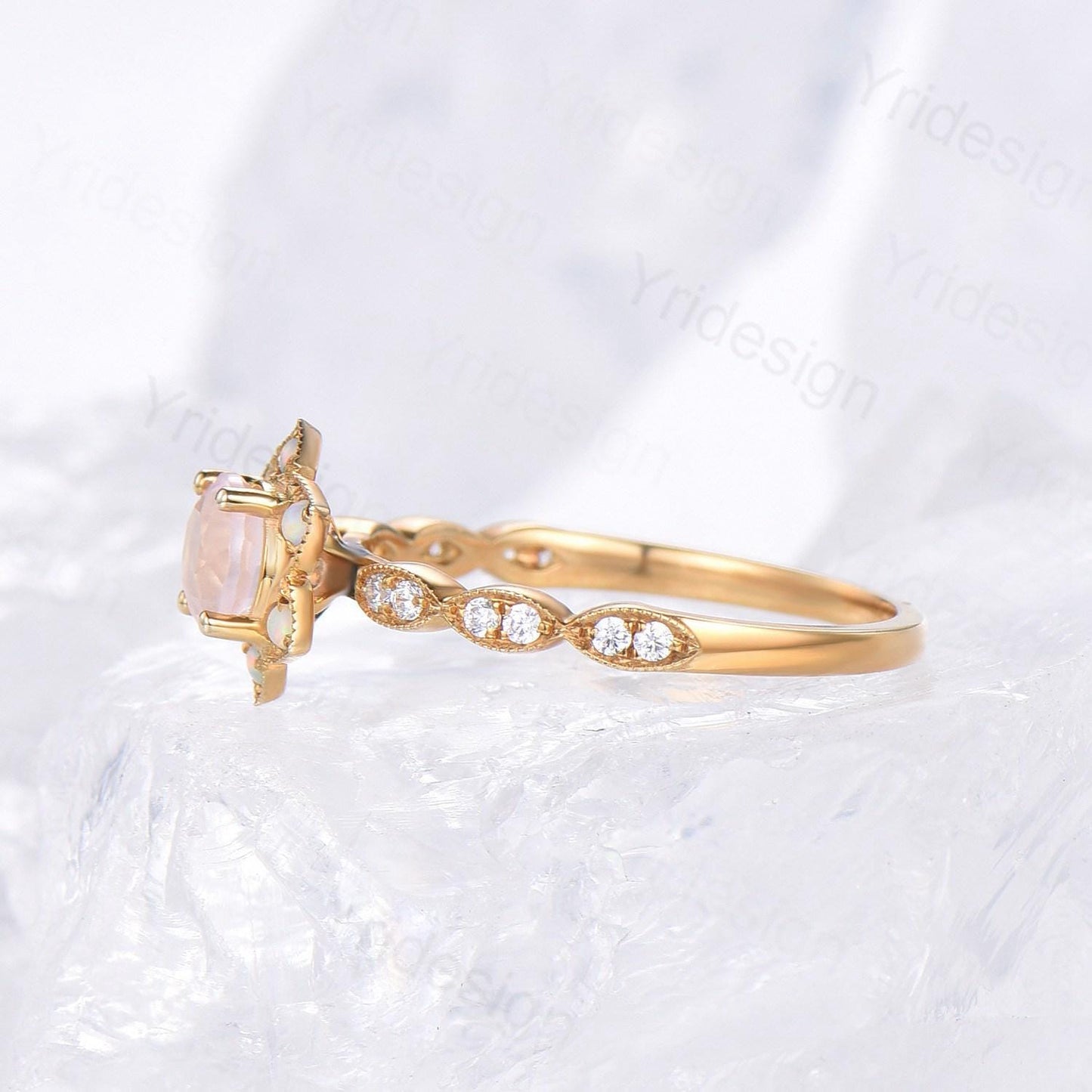 Floral Natural Rose Quartz Ring Vintage Sunflower Halo Opal Pink Crystal Engagement Ring Art Deco MIlgrain Wedding Band Anniversary Gift