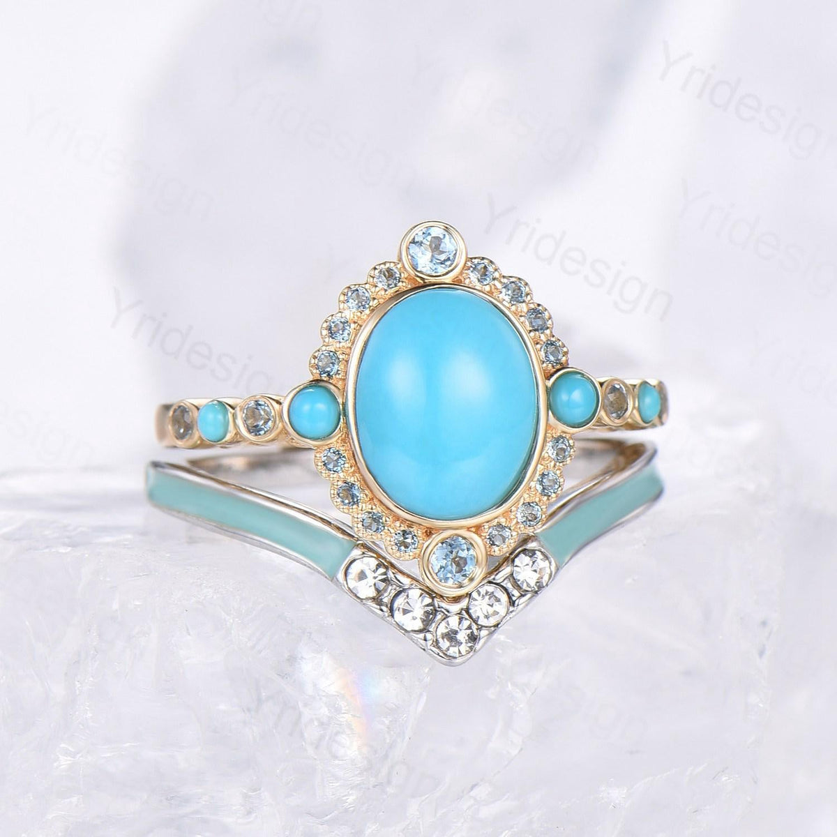Unique oval turquoise engagement ring set vintage halo alexandrite alternative wedding ring set enamel moissanite stacking band bridal set