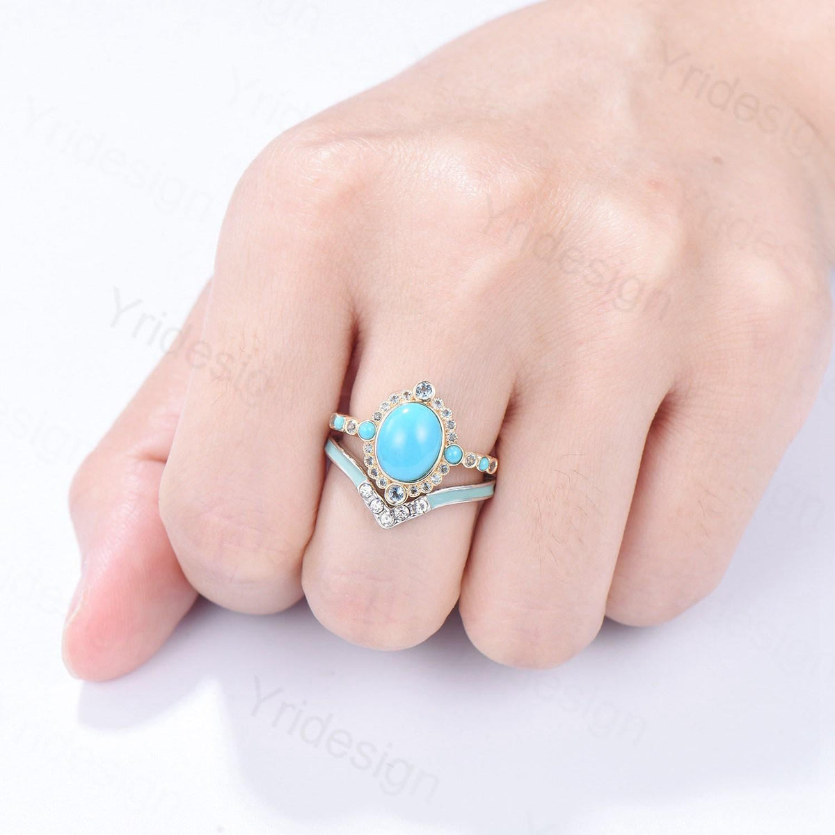 Unique oval turquoise engagement ring set vintage halo alexandrite alternative wedding ring set enamel moissanite stacking band bridal set