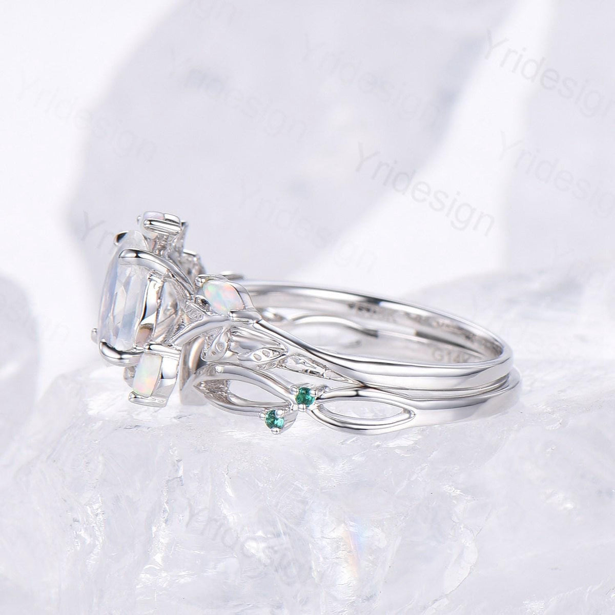 Natural Inspired oval moonstone engagement ring set twig marquise opal bridal set evil eye infinity emerald stacking band anniversary gift