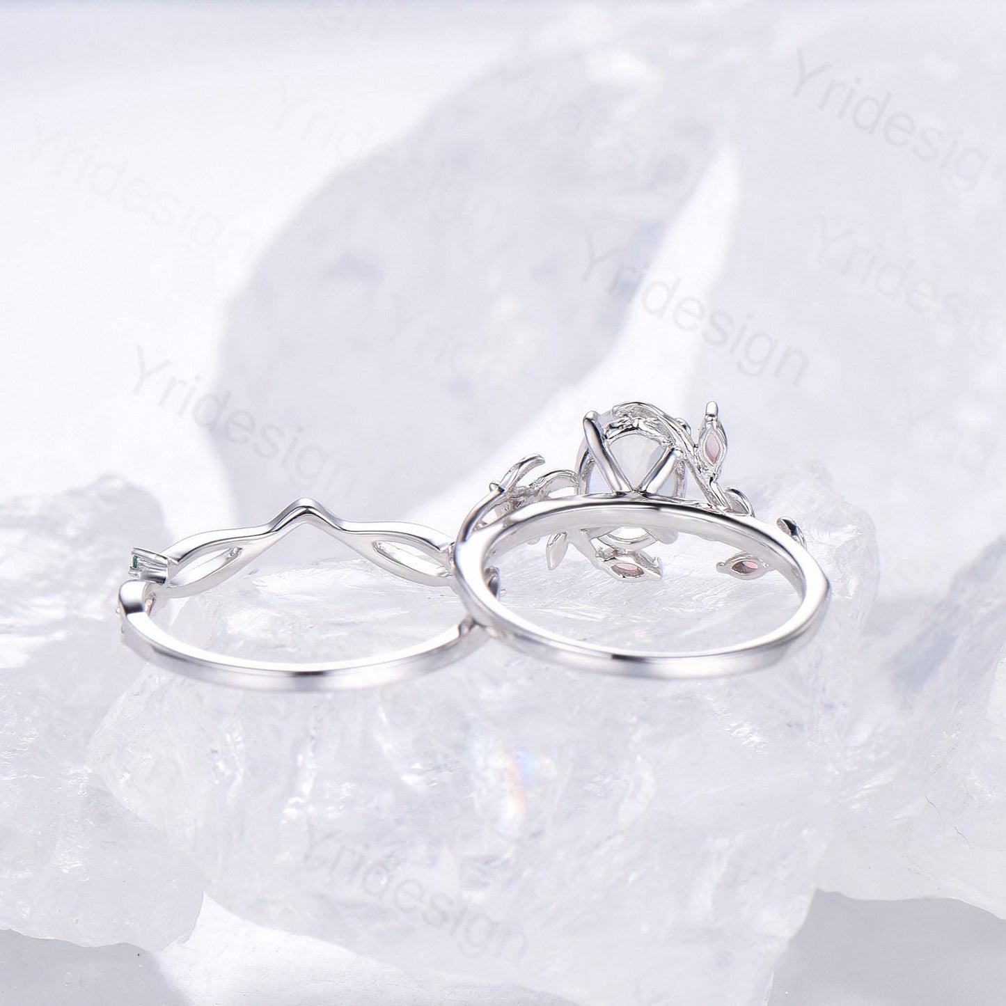 Natural Inspired oval moonstone engagement ring set twig marquise opal bridal set evil eye infinity emerald stacking band anniversary gift