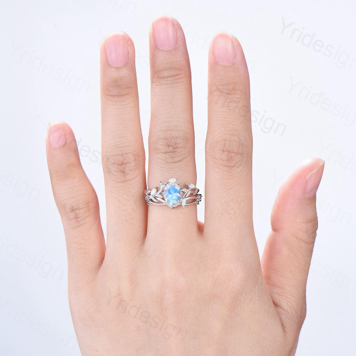 Natural Inspired oval moonstone engagement ring set twig marquise opal bridal set evil eye infinity emerald stacking band anniversary gift