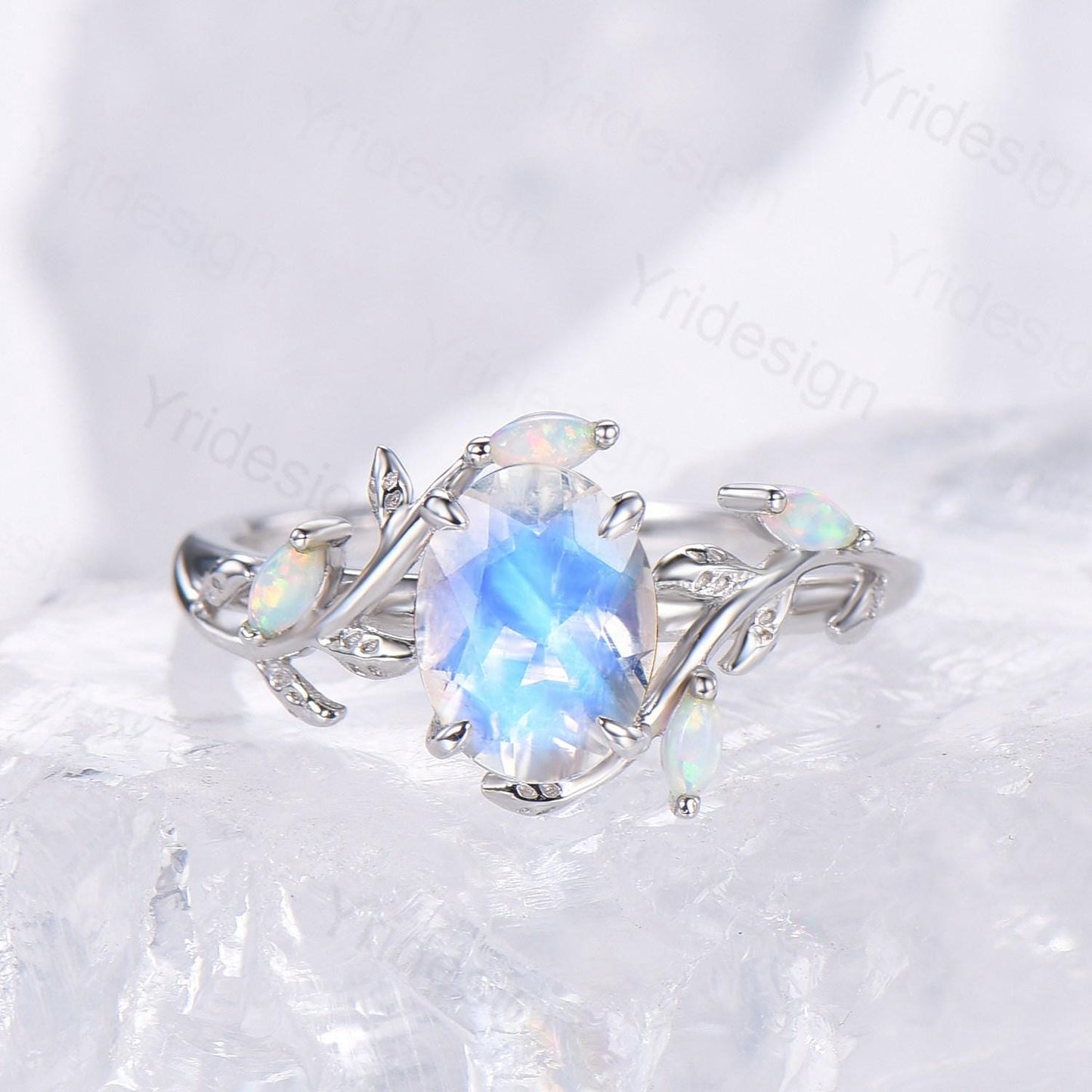 Natural Inspired oval moonstone engagement ring set twig marquise opal bridal set evil eye infinity emerald stacking band anniversary gift