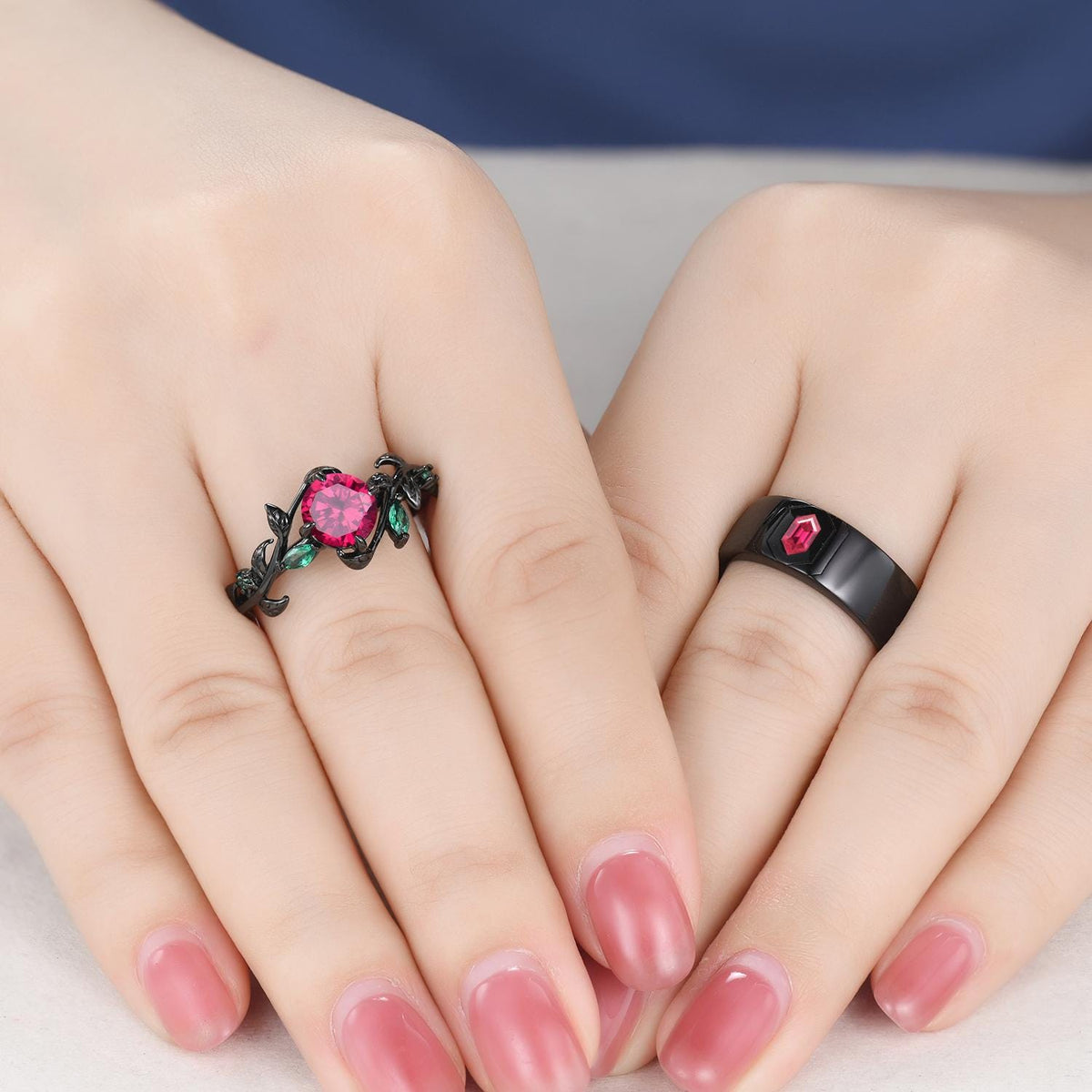 Gothic Couples Red Ruby Engagement Ring : 14k Black Gold Leaf Band Set