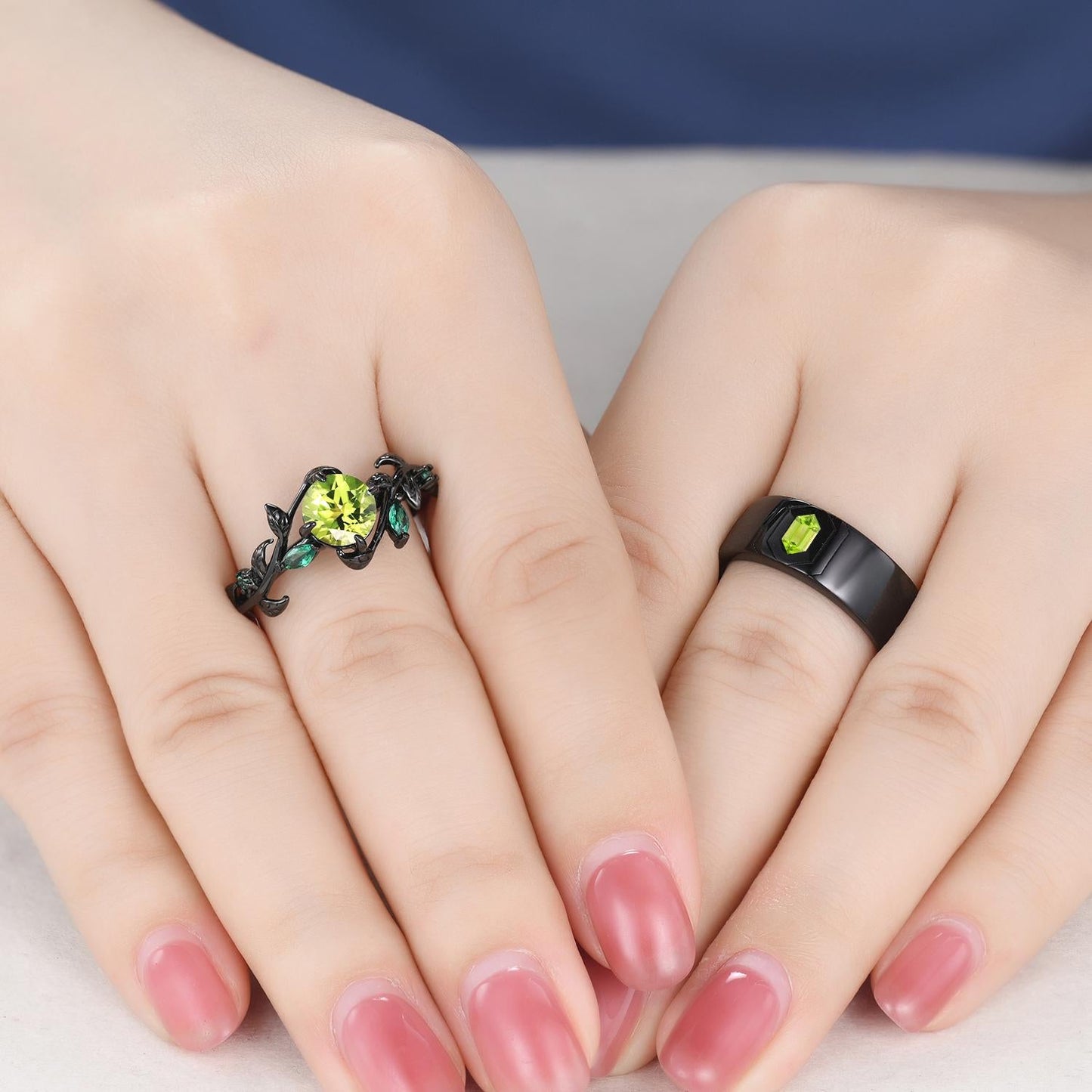 Gothic Couples Peridot Wedding Ring Set: 14K Black Gold Promise Rings
