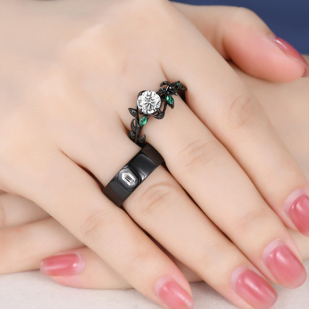 Gothic Couples Moissanite Engagement Ring Set: 14k Black Gold Leaf Band