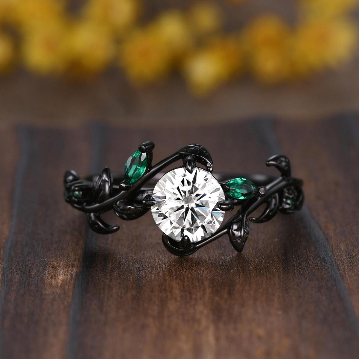 Gothic Couples Moissanite Engagement Ring Set: 14k Black Gold Leaf Band
