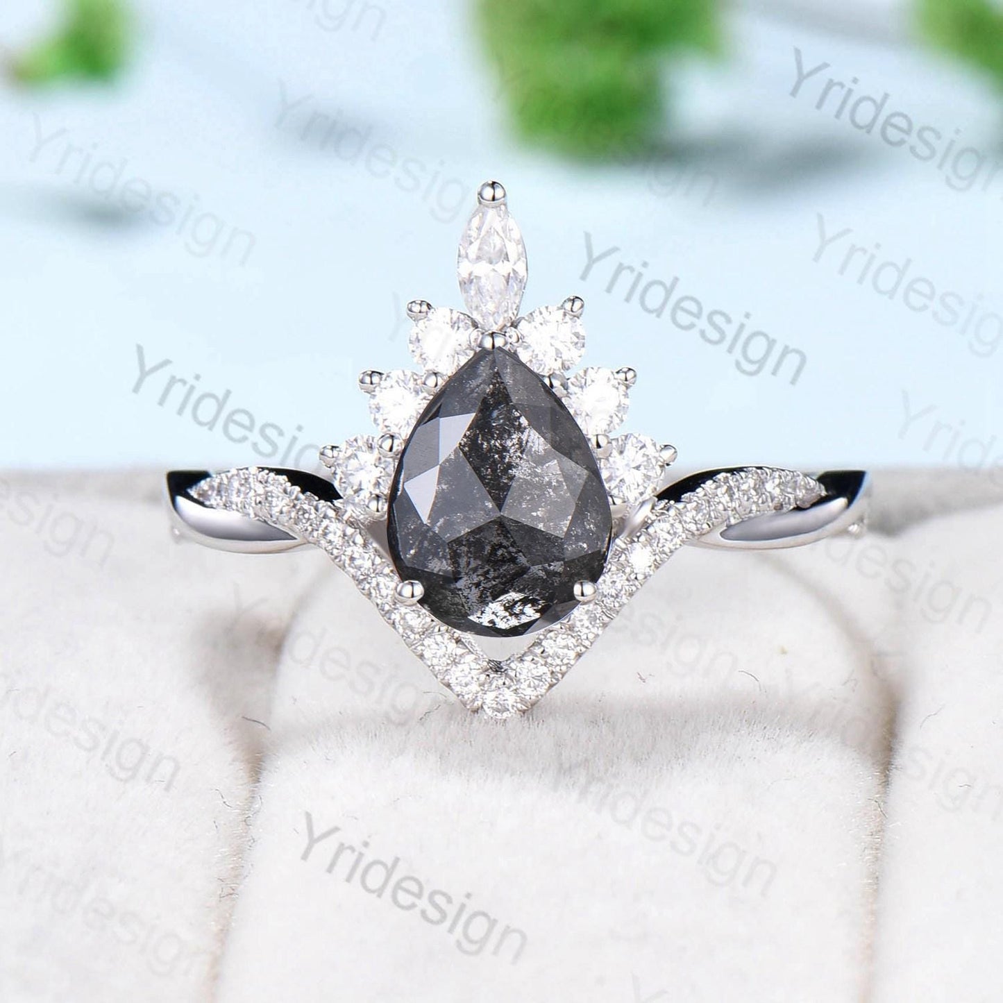 Retro pear shaped salt pepper diamond engagement ring art deco vintage pepper diamond wedding set unique anniversary promise ring for wife