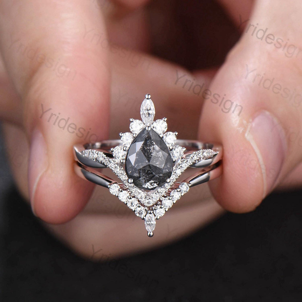 Retro pear shaped salt pepper diamond engagement ring art deco vintage pepper diamond wedding set unique anniversary promise ring for wife