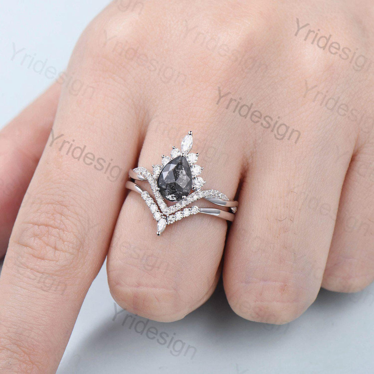 Retro pear shaped salt pepper diamond engagement ring art deco vintage pepper diamond wedding set unique anniversary promise ring for wife