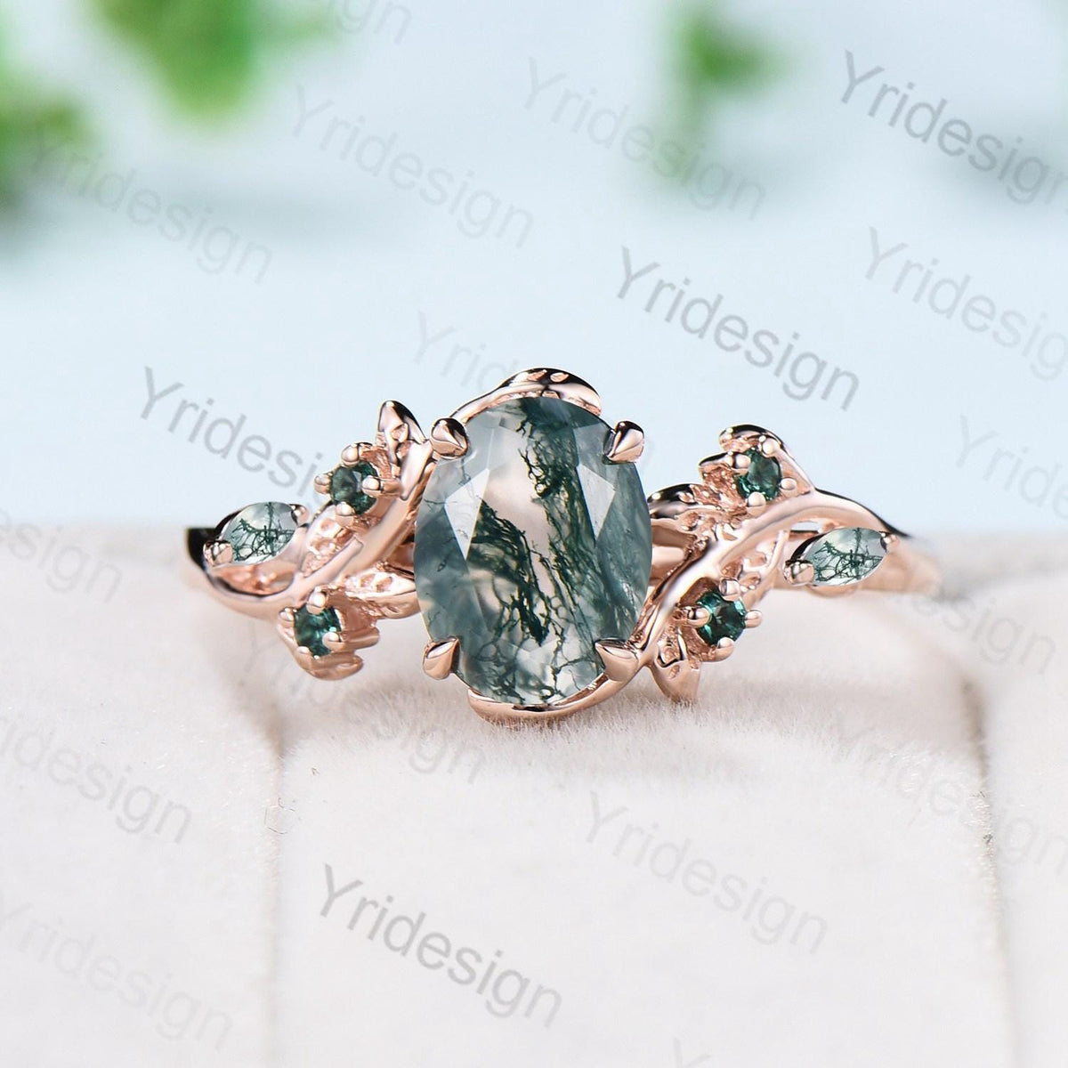1.5Ct Oval Natural Moss Agate Engagement Ring Nature Inspired Green Agate Promise Ring Cluster Emerald Anniversary Ring Silver Rose Gold