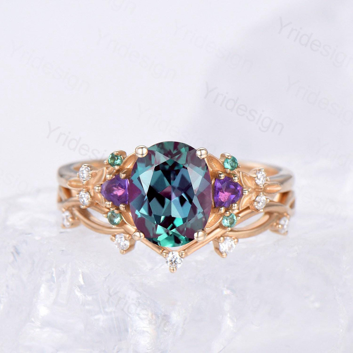 Vintage oval cut alexandrite engagement ring rose gold art deco cluster leaf amethyst wedding set nature inspired bridal promise ring set
