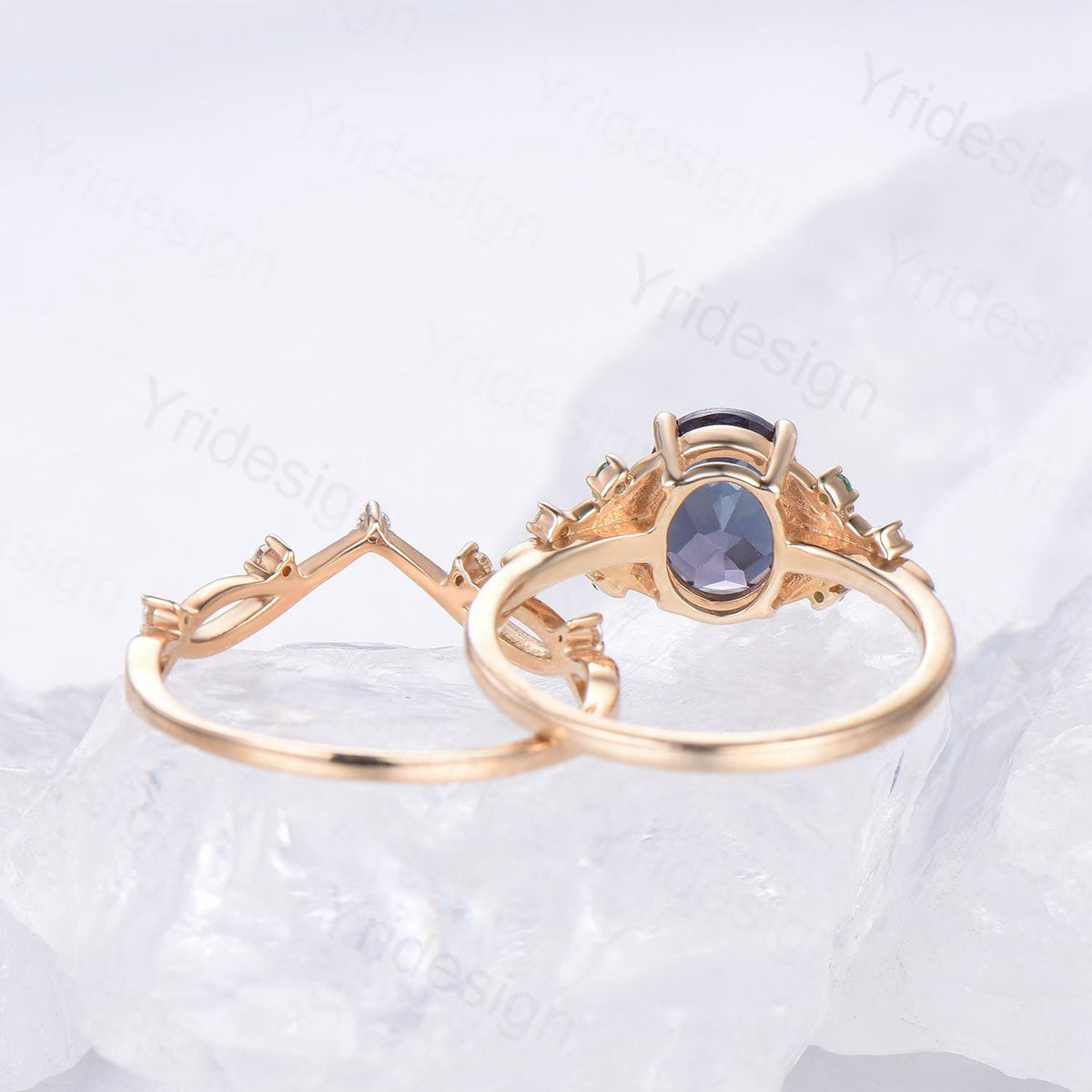 Vintage oval cut alexandrite engagement ring rose gold art deco cluster leaf amethyst wedding set nature inspired bridal promise ring set
