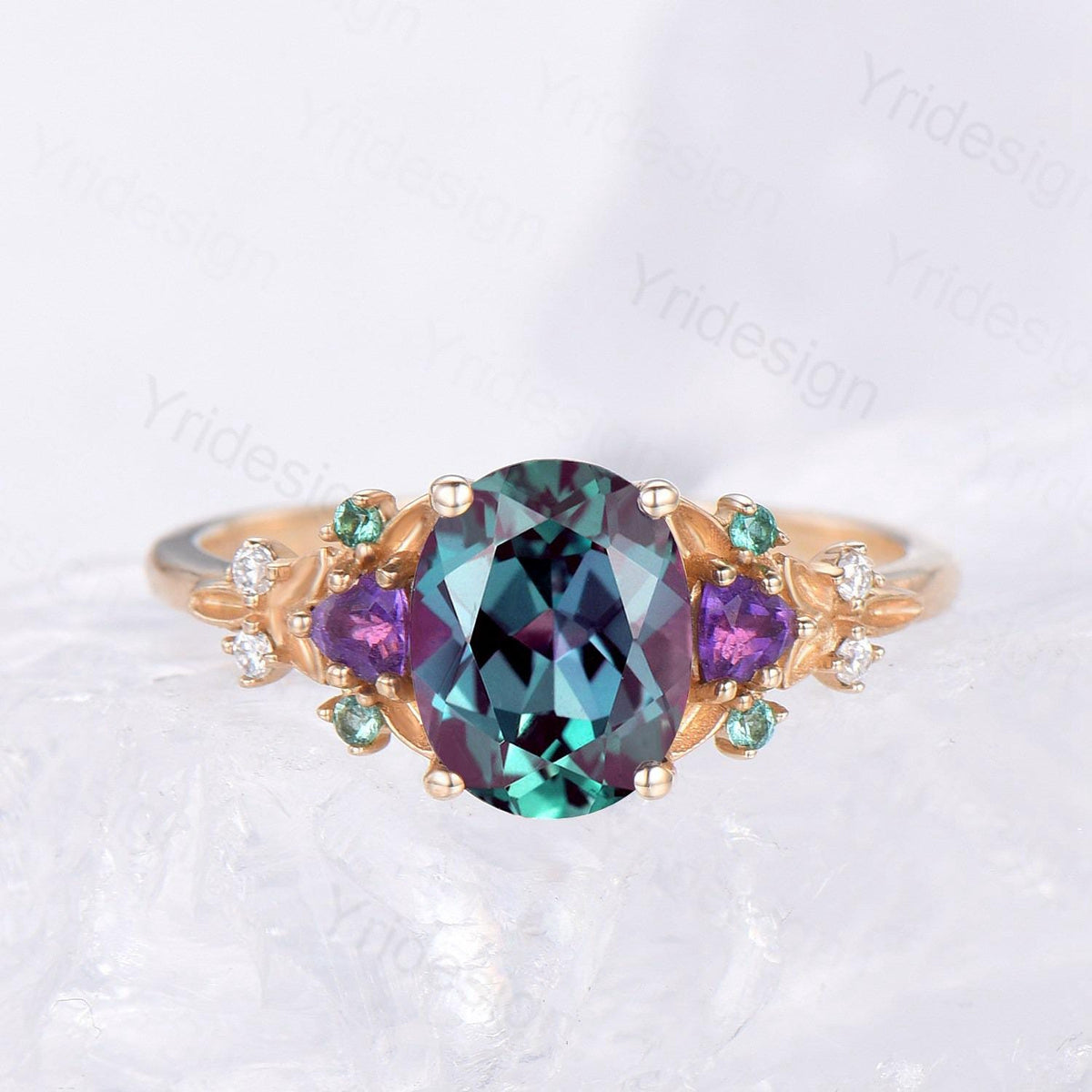 Vintage oval cut alexandrite engagement ring rose gold art deco cluster leaf amethyst wedding set nature inspired bridal promise ring set