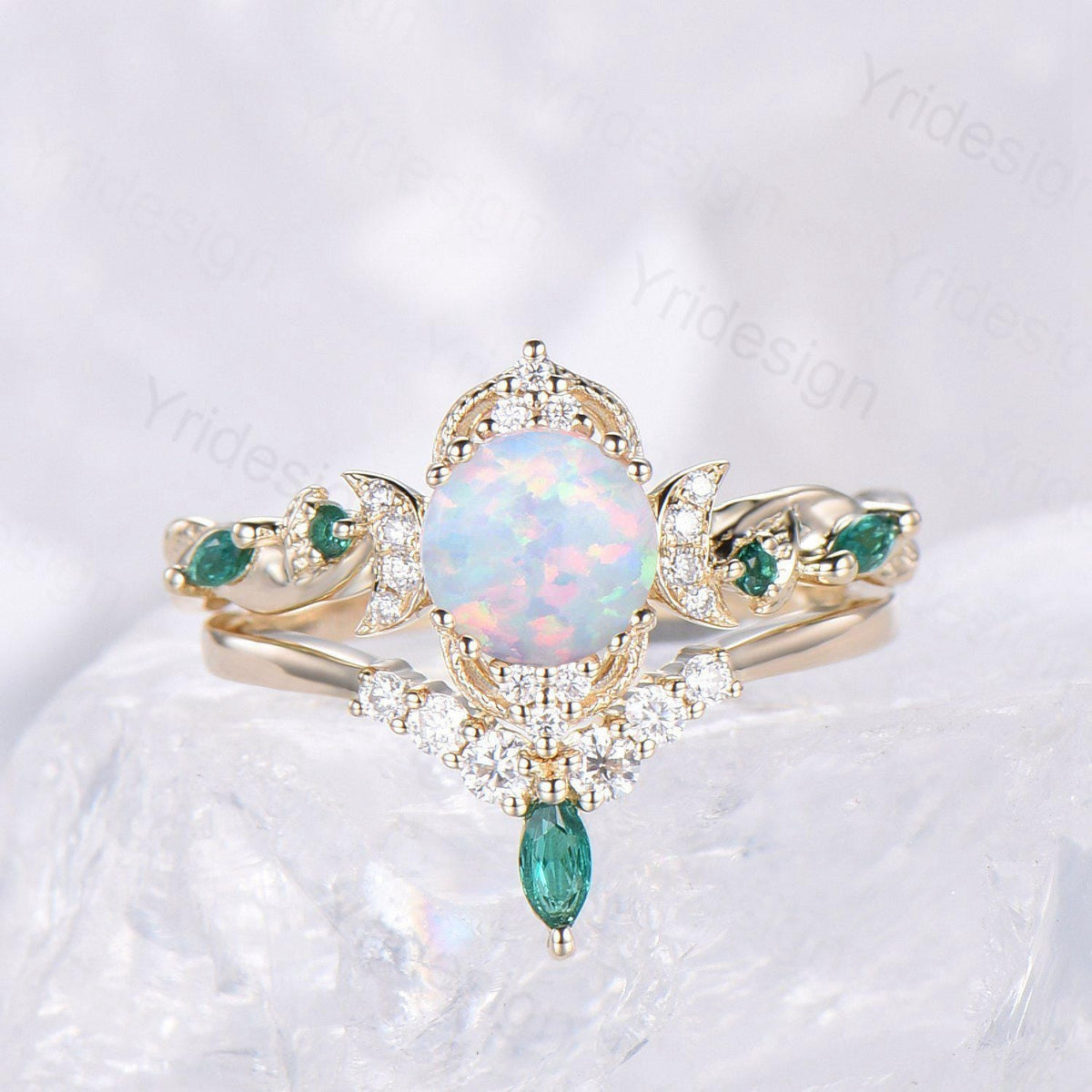 2pcs Vintage Round White Opal Engagement Ring Leaf Moon Cluster Amethyst Bridal Set Art Deco Nature Inspired October Birthstone Promise Ring
