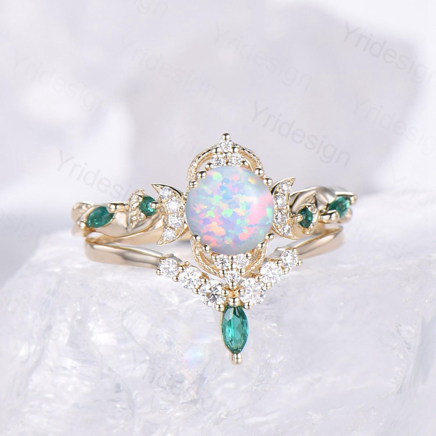 2pcs Vintage Round White Opal Engagement Ring Leaf Moon Cluster Amethyst Bridal Set Art Deco Nature Inspired October Birthstone Promise Ring
