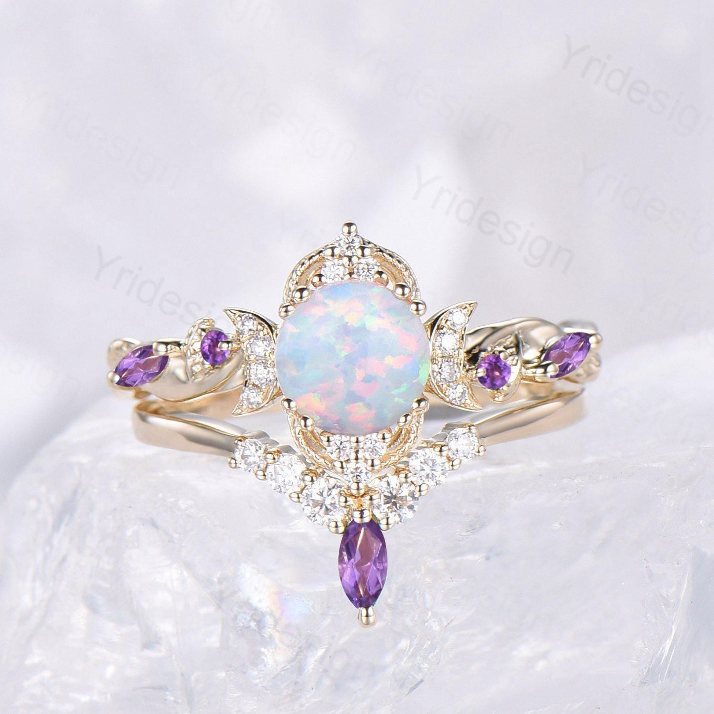 2pcs Vintage Round White Opal Engagement Ring Leaf Moon Cluster Amethyst Bridal Set Art Deco Nature Inspired October Birthstone Promise Ring