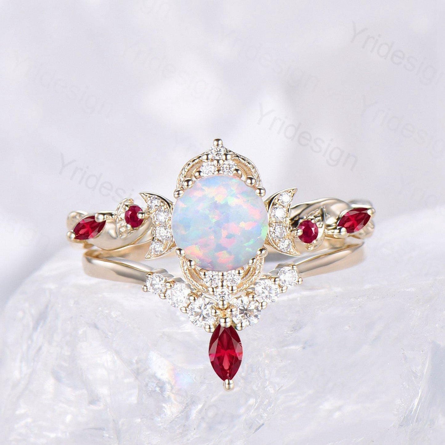 2pcs Vintage Round White Opal Engagement Ring Leaf Moon Cluster Amethyst Bridal Set Art Deco Nature Inspired October Birthstone Promise Ring