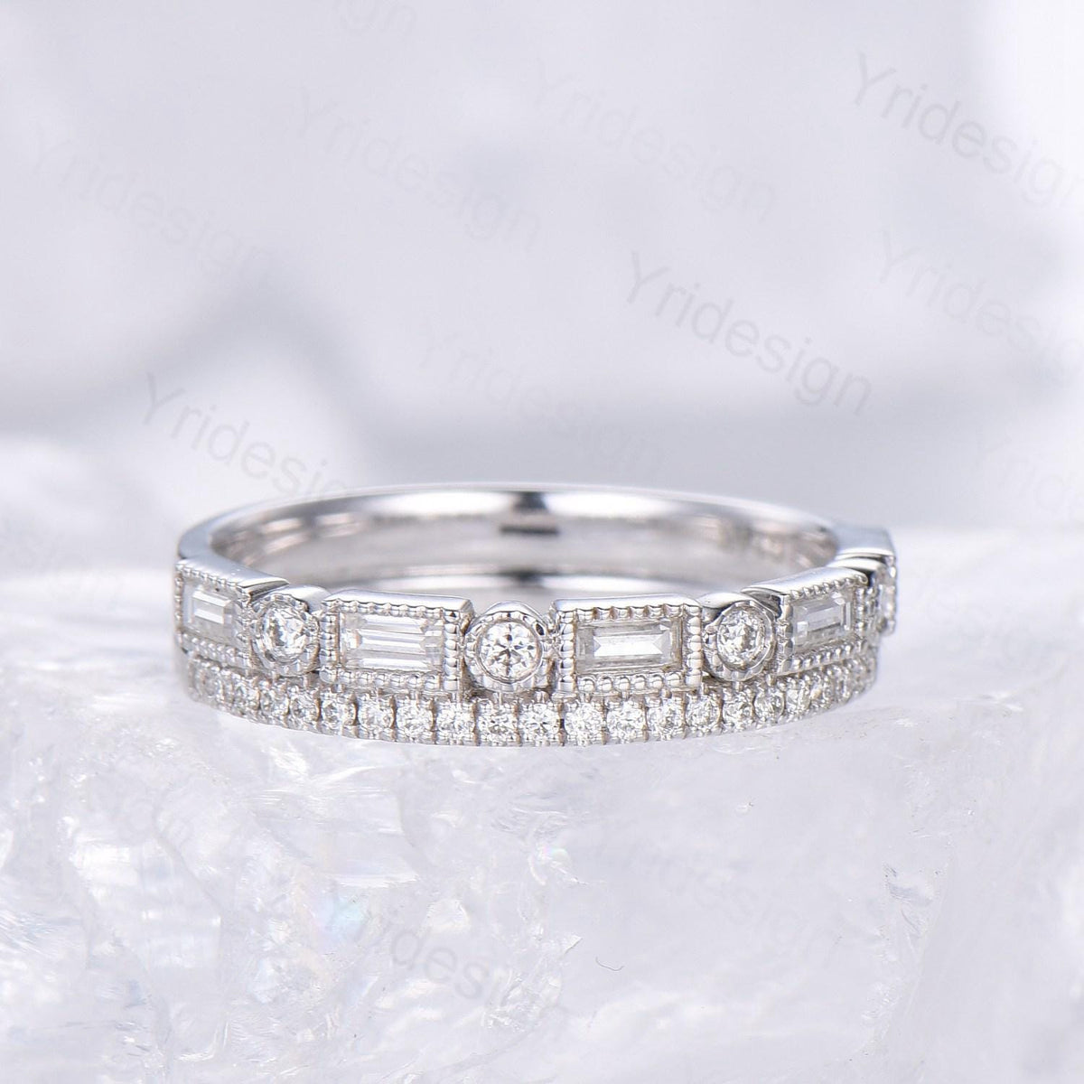 Enhance Baguette cut moissanite wedding band white gold Diamond Anniversary Gift For Wife, Matching Stacking Ring,Elegant Promise Band Women