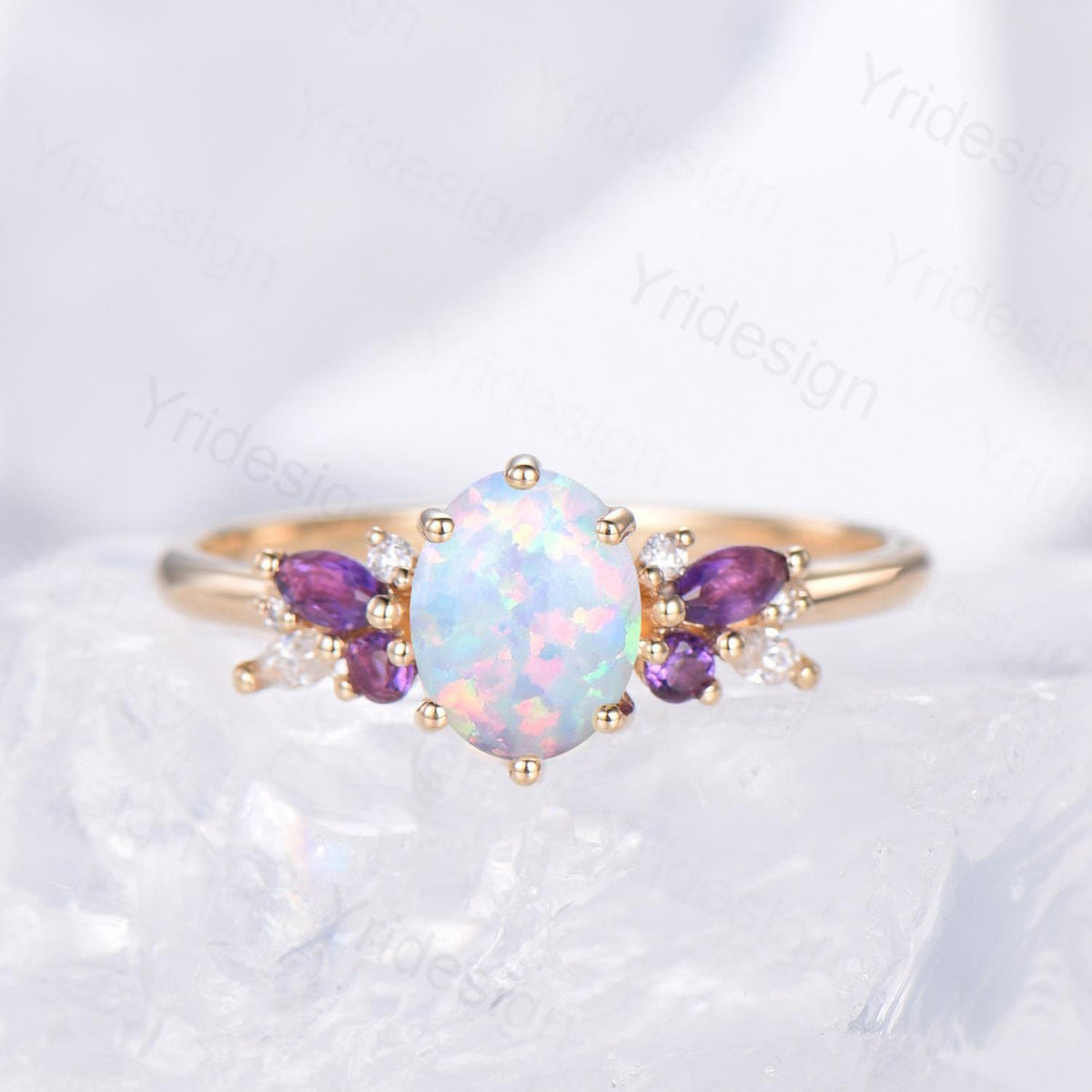 Unique White Opal Engagement Ring Set Alternative Cluster Amethyst Fire Opal Wedding Ring Vintage  Bee Opal Amethyst Bridal Set For Women