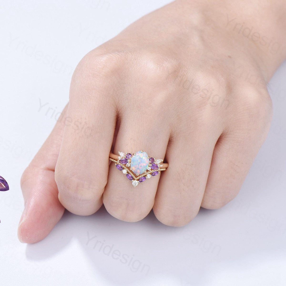Unique White Opal Engagement Ring Set Alternative Cluster Amethyst Fire Opal Wedding Ring Vintage  Bee Opal Amethyst Bridal Set For Women