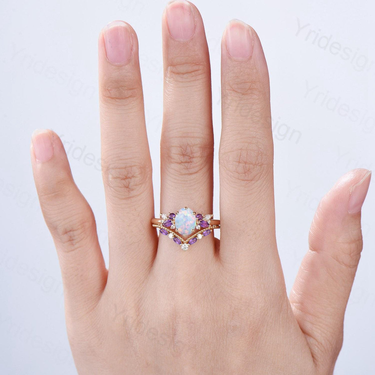 Unique White Opal Engagement Ring Set Alternative Cluster Amethyst Fire Opal Wedding Ring Vintage  Bee Opal Amethyst Bridal Set For Women