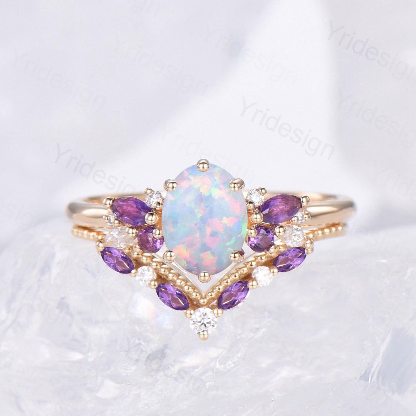 Unique White Opal Engagement Ring Set Alternative Cluster Amethyst Fire Opal Wedding Ring Vintage  Bee Opal Amethyst Bridal Set For Women
