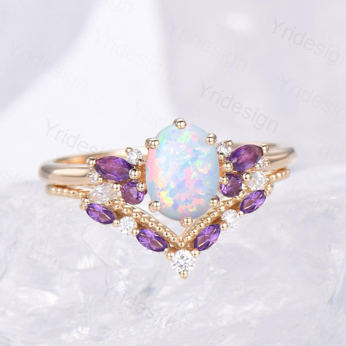 Unique White Opal Engagement Ring Set Alternative Cluster Amethyst Fire Opal Wedding Ring Vintage  Bee Opal Amethyst Bridal Set For Women