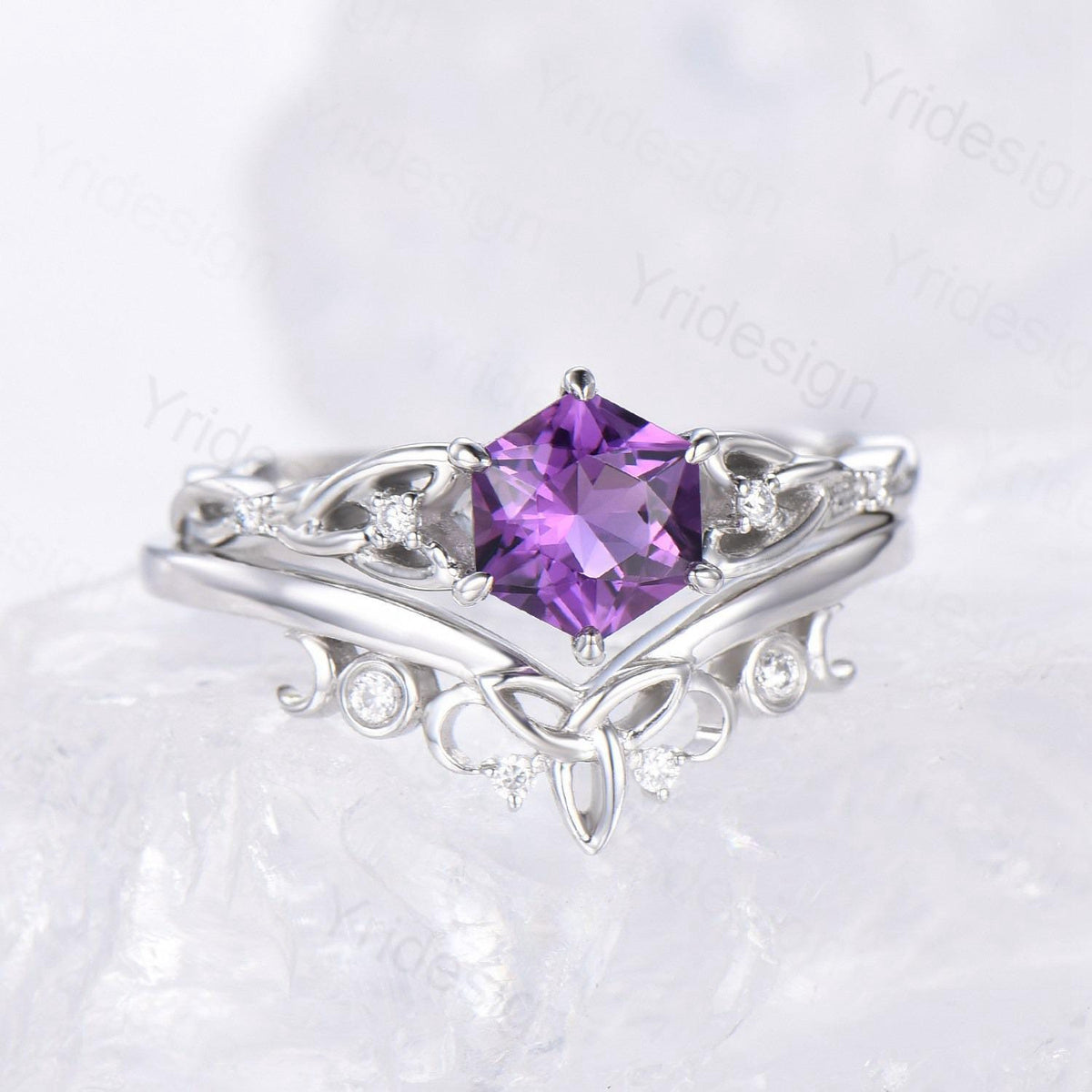 Norse Viking Royal Cut Amethyst Ring Set Celtic Love Hexagon Cut Amethyst Engagement Ring Vintage February Birthstone Wedding Ring For Women