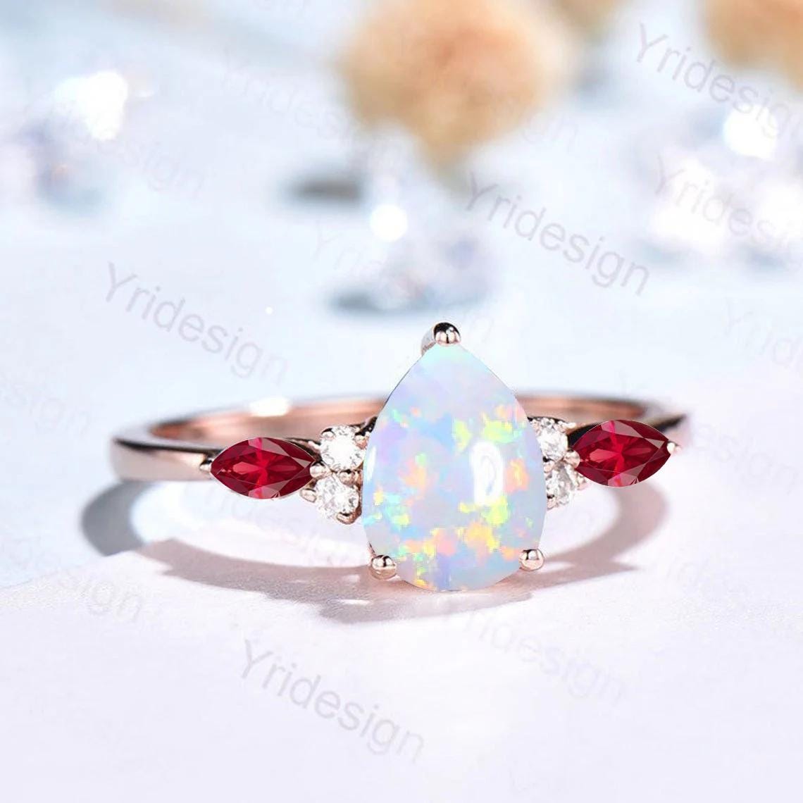 Retro Pear Shaped Opal Ring Rose Gold Fire Opal Ruby Engagement Ring Seven Stone Cluster Promise Ring October Birthstone Anniversary gift