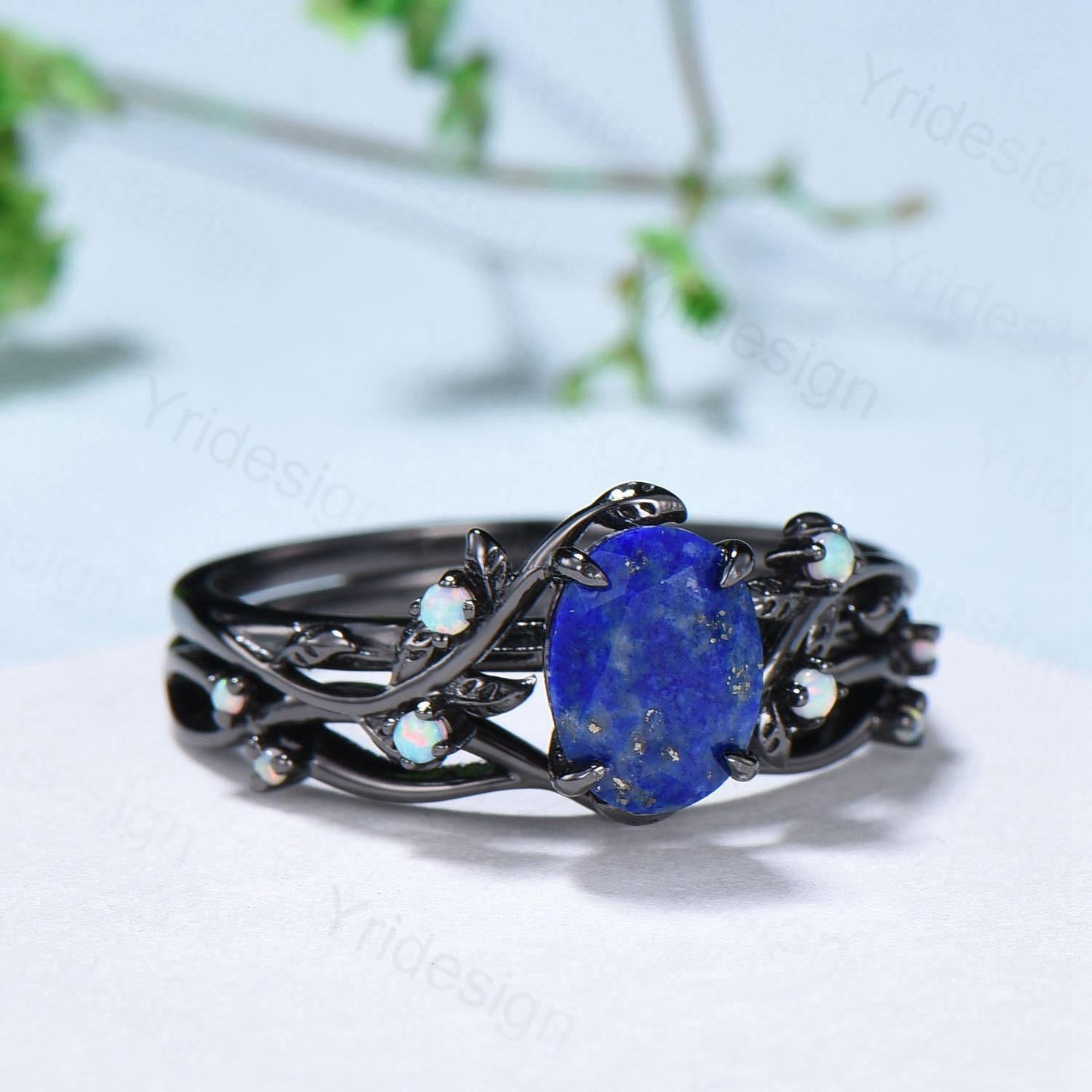 Lapis Lazuli Wedding Ring Set, Black Gold Twig, Opal Branch Bridal Set