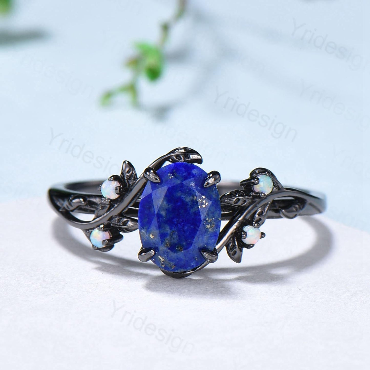 Lapis Lazuli Wedding Ring Set, Black Gold Twig, Opal Branch Bridal Set