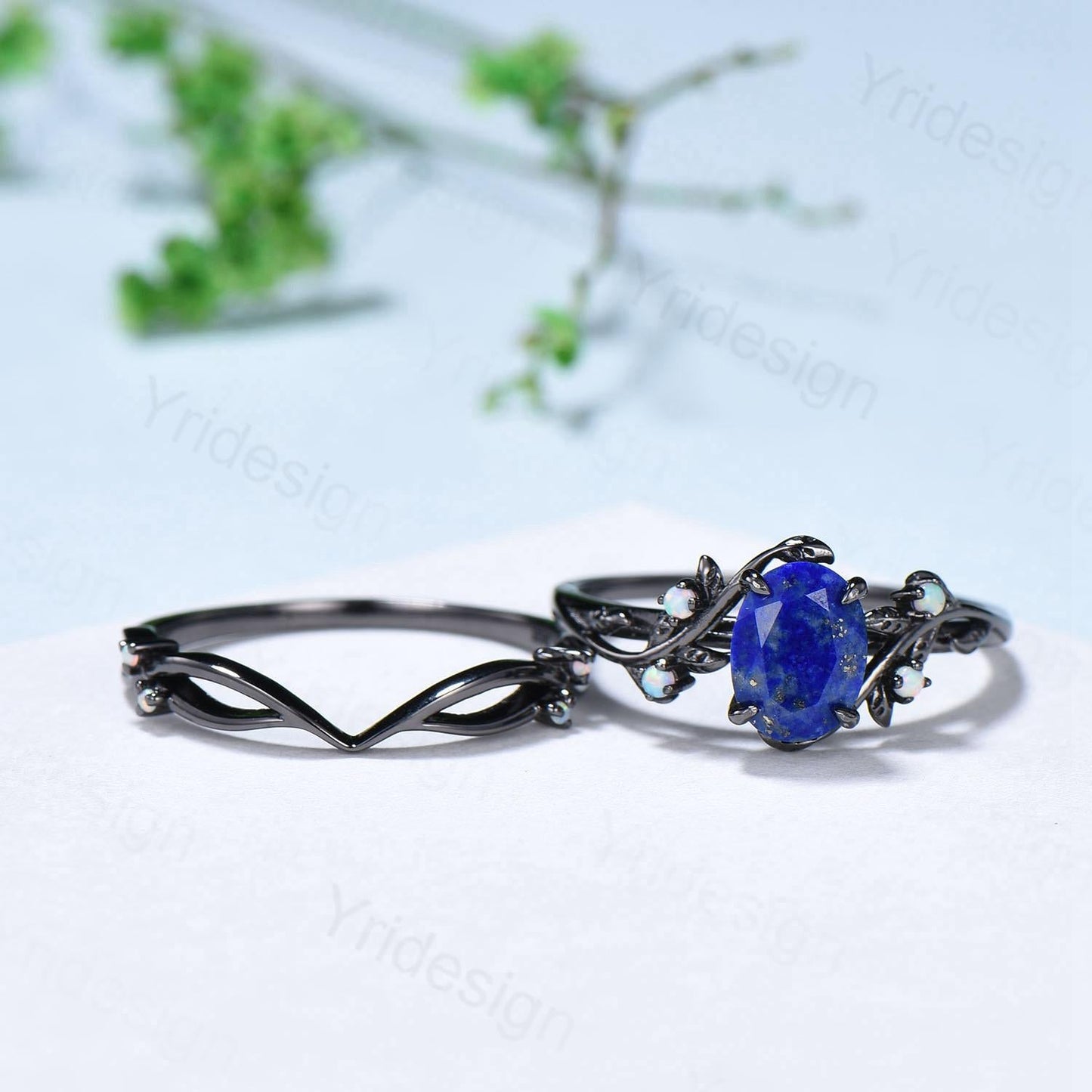 Lapis Lazuli Wedding Ring Set, Black Gold Twig, Opal Branch Bridal Set
