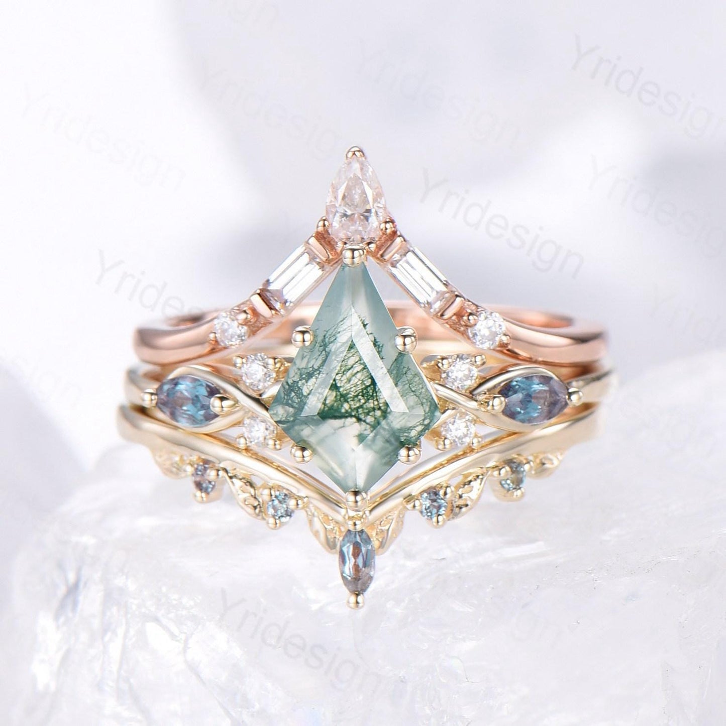 Natural Kite Cut Green Moss Agate Engagement Ring Set Seven Stone Silver Yellow Gold Cluster Alexandrite Wedding Ring Set Ring Leaf Band