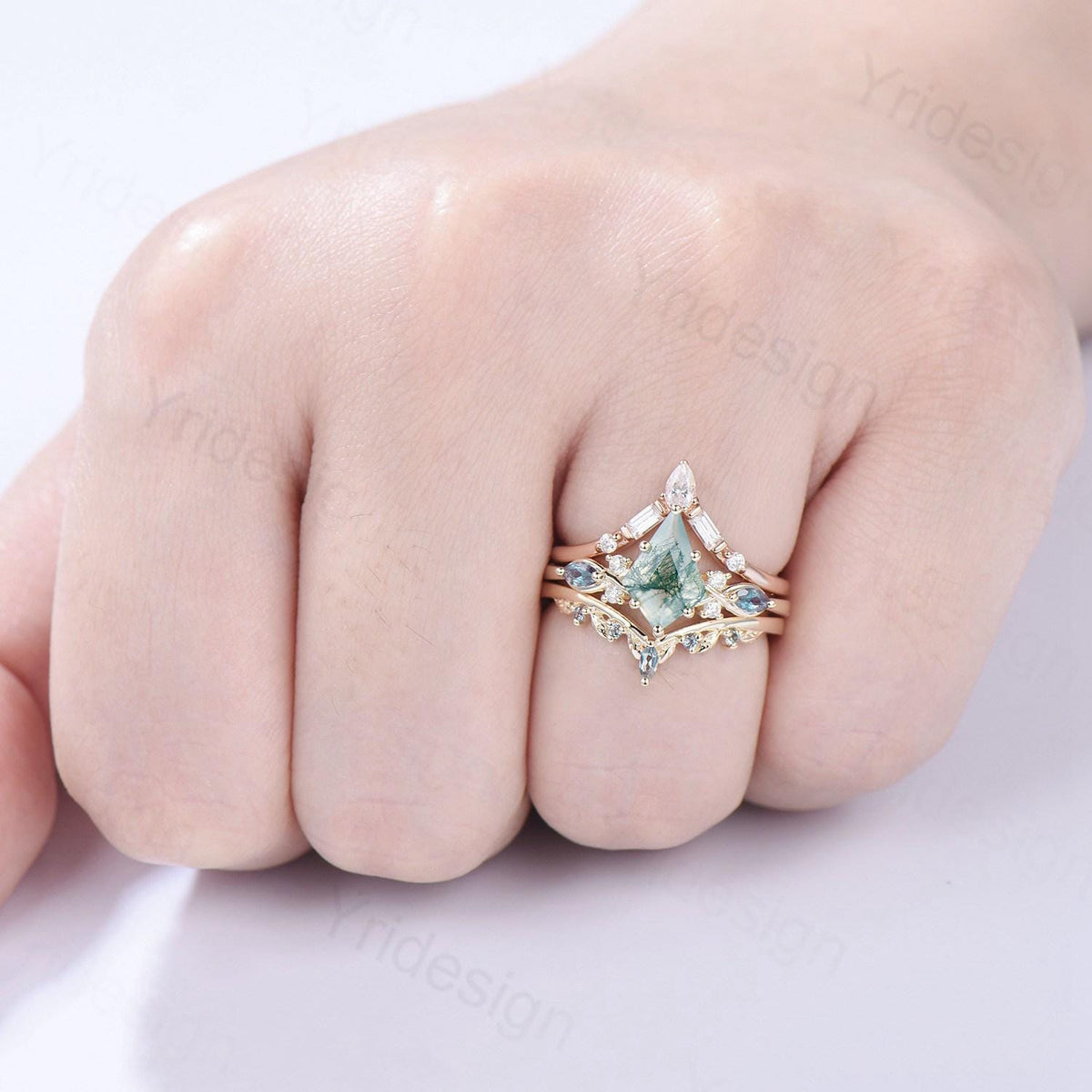 Natural Kite Cut Green Moss Agate Engagement Ring Set Seven Stone Silver Yellow Gold Cluster Alexandrite Wedding Ring Set Ring Leaf Band
