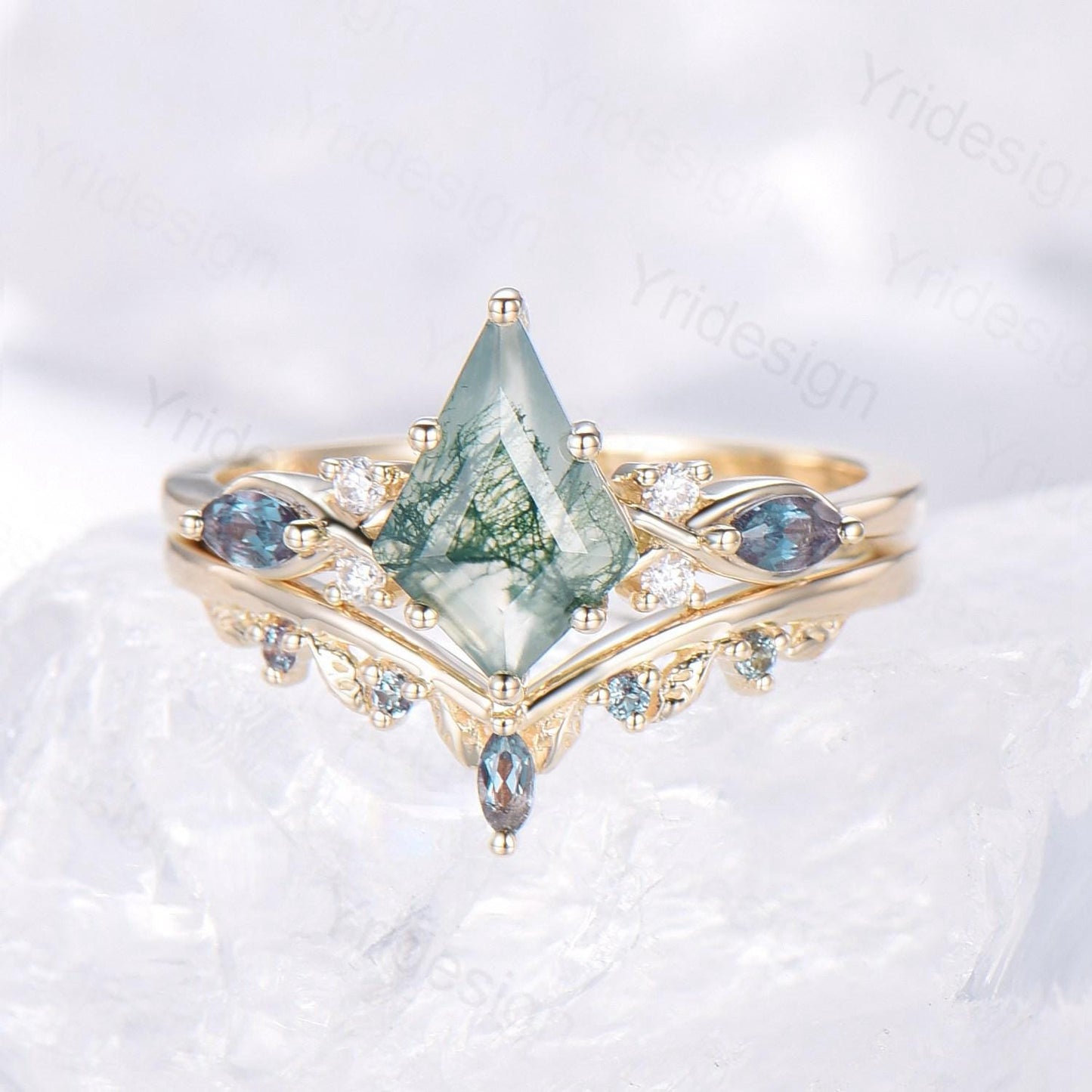 Natural Kite Cut Green Moss Agate Engagement Ring Set Seven Stone Silver Yellow Gold Cluster Alexandrite Wedding Ring Set Ring Leaf Band