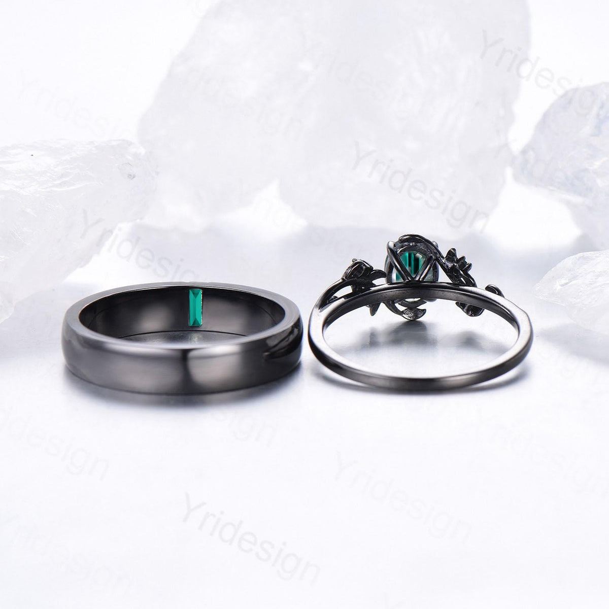 Couples ring set black gold emerald wedding ring set vintage bridal ring men and women His Hers engagement ring promise anniversary gift