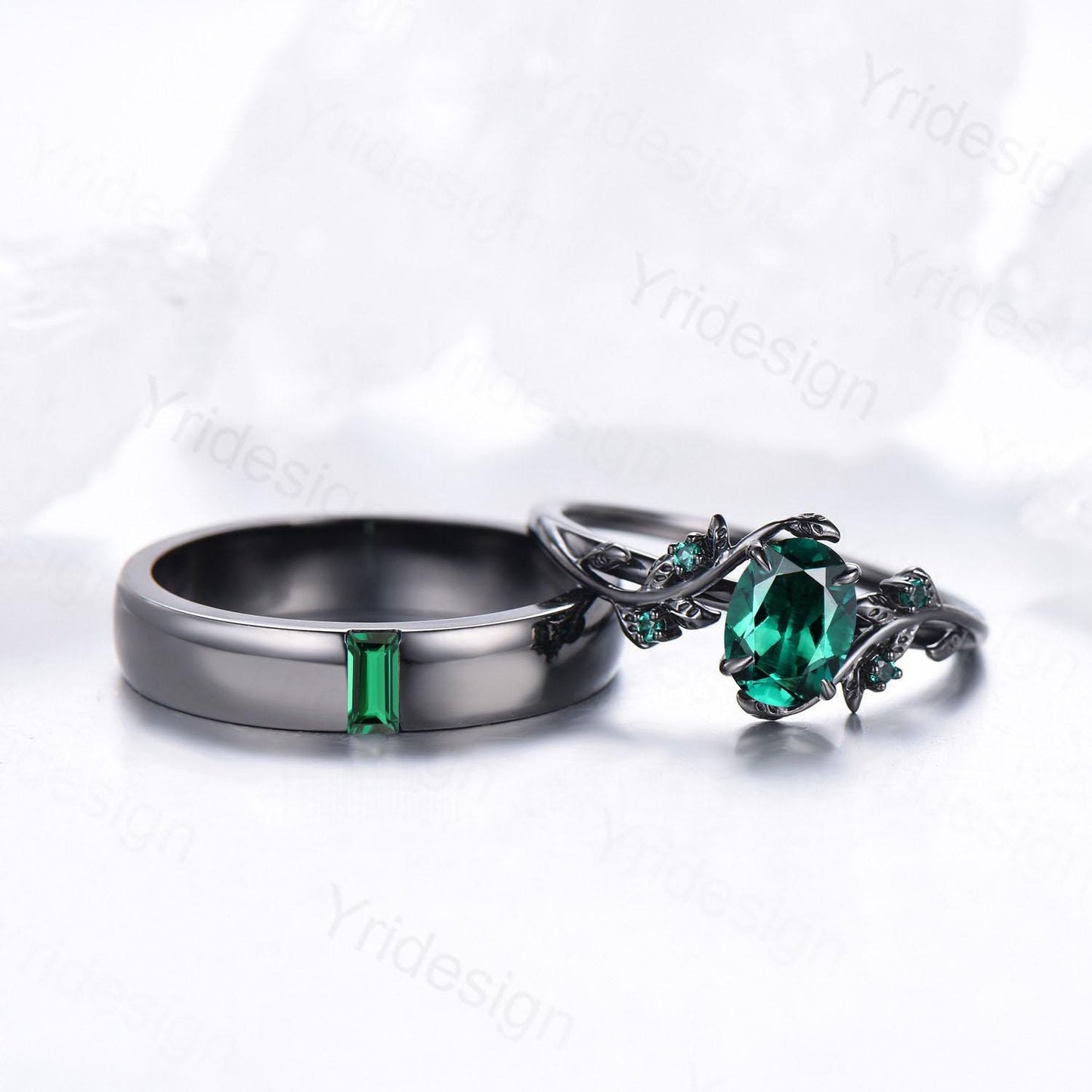 Couples ring set black gold emerald wedding ring set vintage bridal ring men and women His Hers engagement ring promise anniversary gift